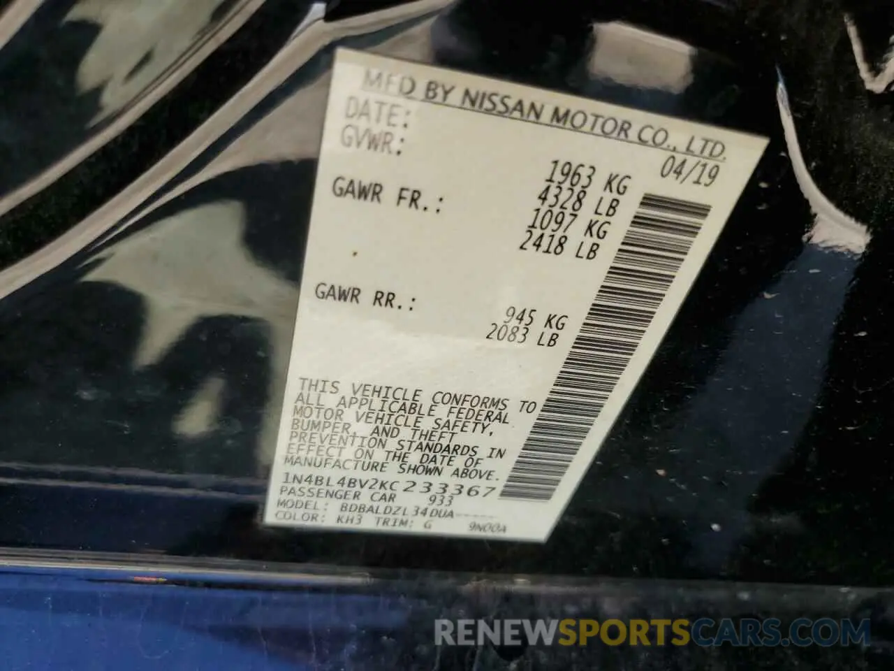 12 Photograph of a damaged car 1N4BL4BV2KC233367 NISSAN ALTIMA 2019
