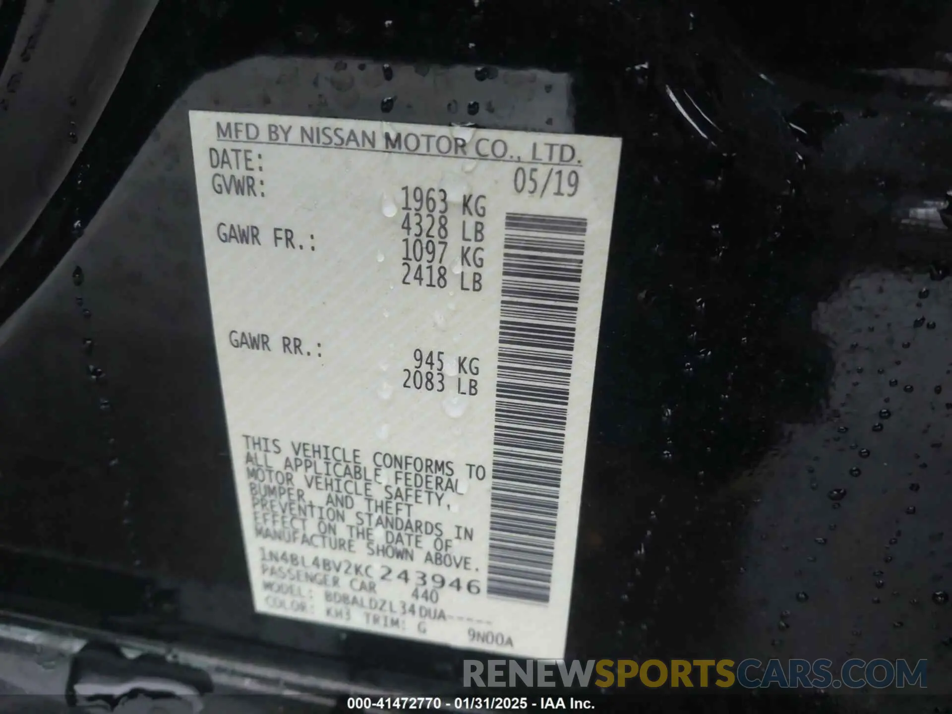 9 Photograph of a damaged car 1N4BL4BV2KC243946 NISSAN ALTIMA 2019