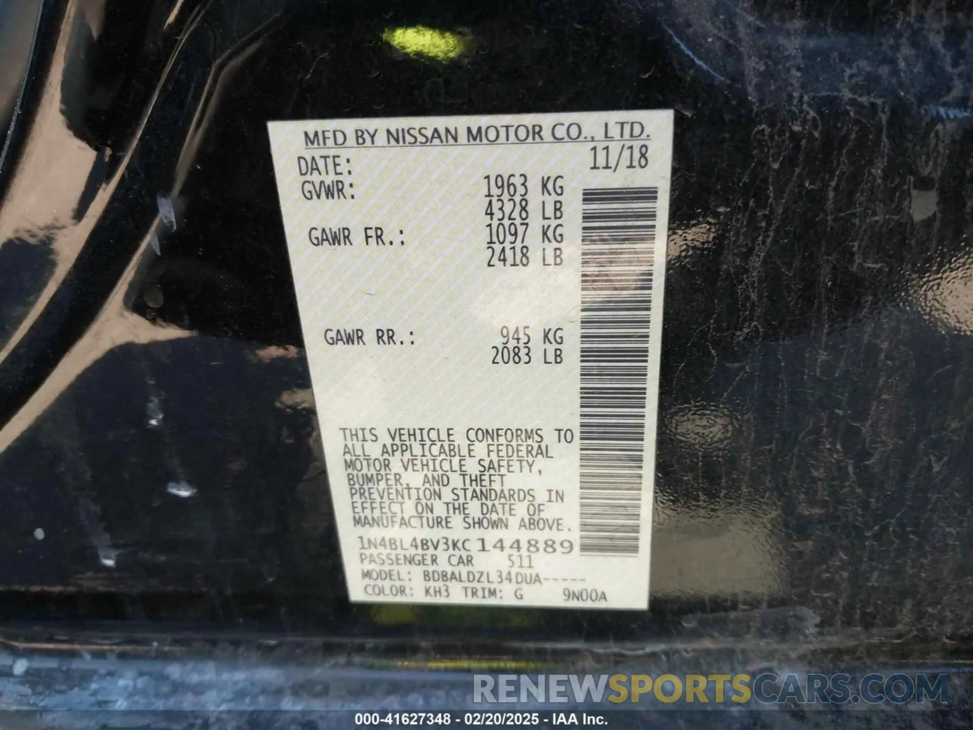 9 Photograph of a damaged car 1N4BL4BV3KC144889 NISSAN ALTIMA 2019