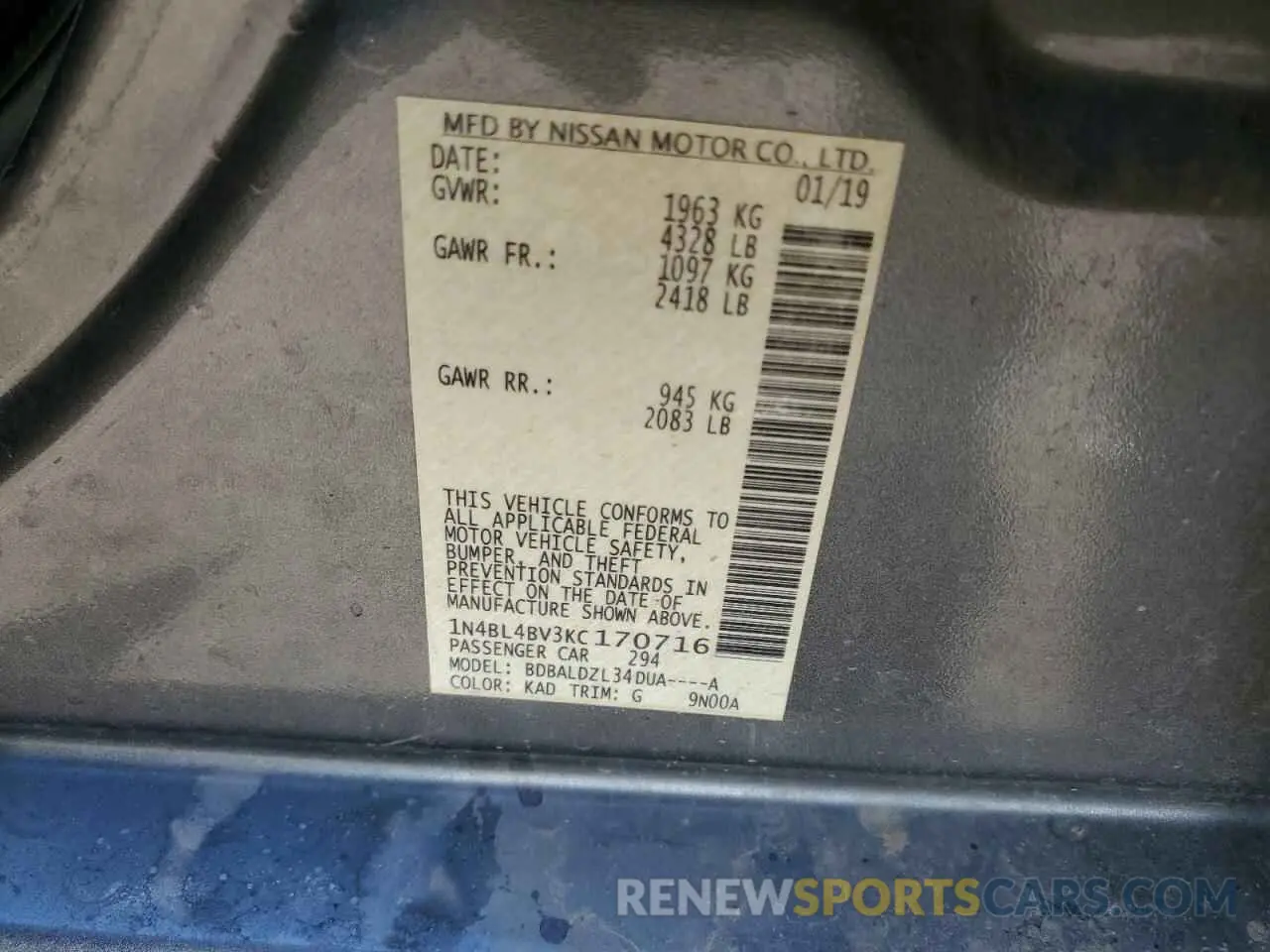 15 Photograph of a damaged car 1N4BL4BV3KC170716 NISSAN ALTIMA 2019