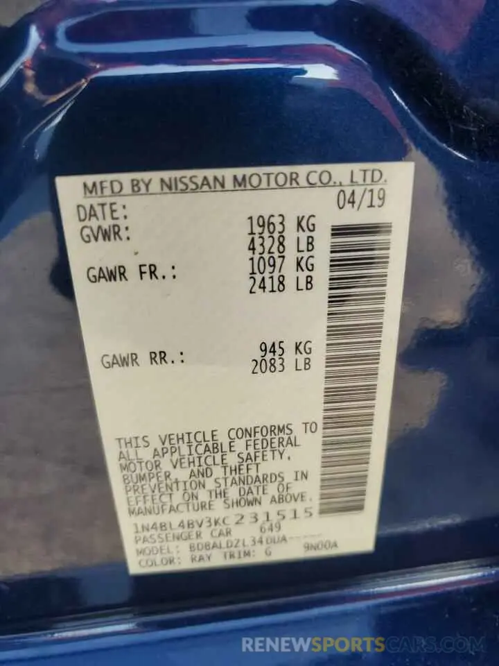 13 Photograph of a damaged car 1N4BL4BV3KC231515 NISSAN ALTIMA 2019