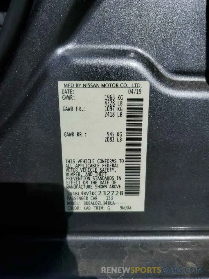 12 Photograph of a damaged car 1N4BL4BV3KC232728 NISSAN ALTIMA 2019