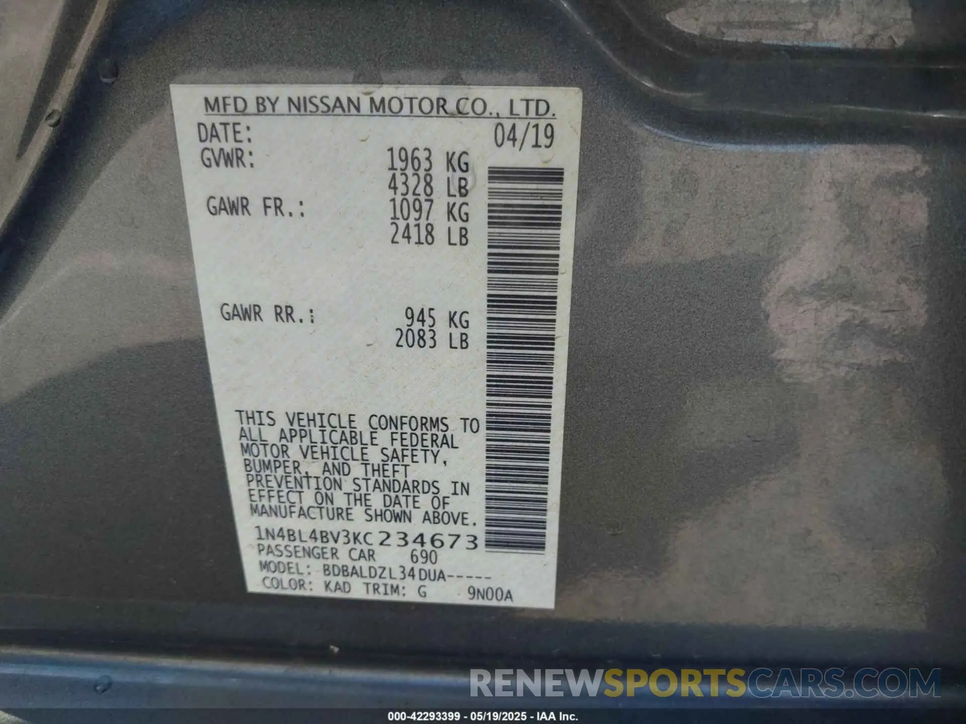 9 Photograph of a damaged car 1N4BL4BV3KC234673 NISSAN ALTIMA 2019