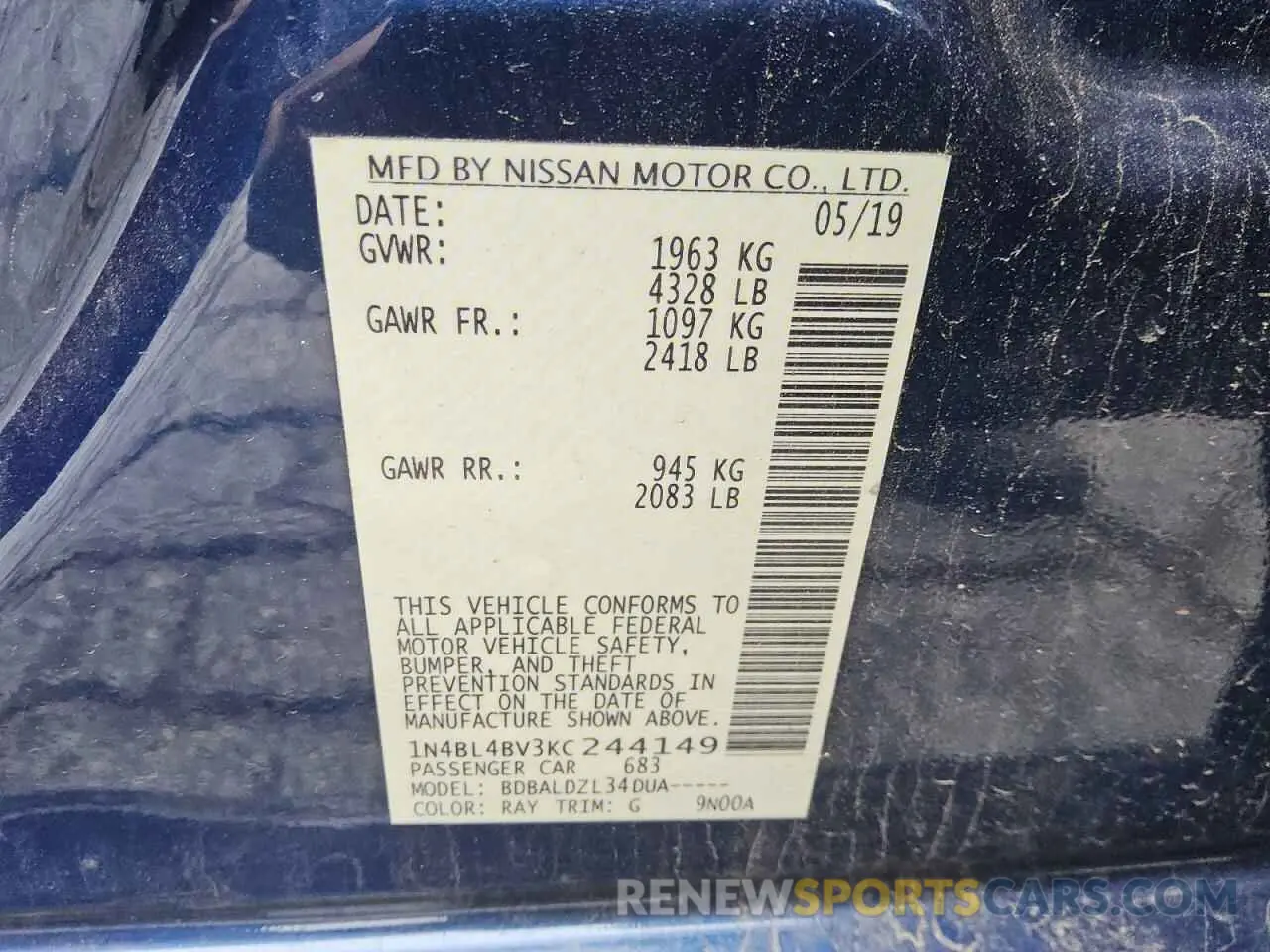 13 Photograph of a damaged car 1N4BL4BV3KC244149 NISSAN ALTIMA 2019