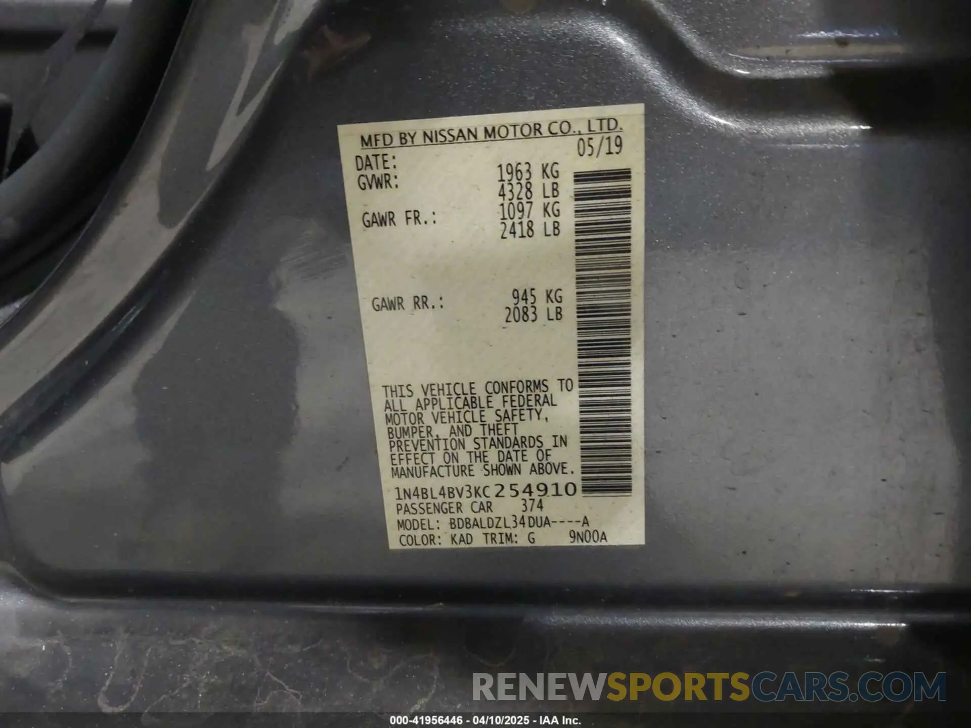 9 Photograph of a damaged car 1N4BL4BV3KC254910 NISSAN ALTIMA 2019