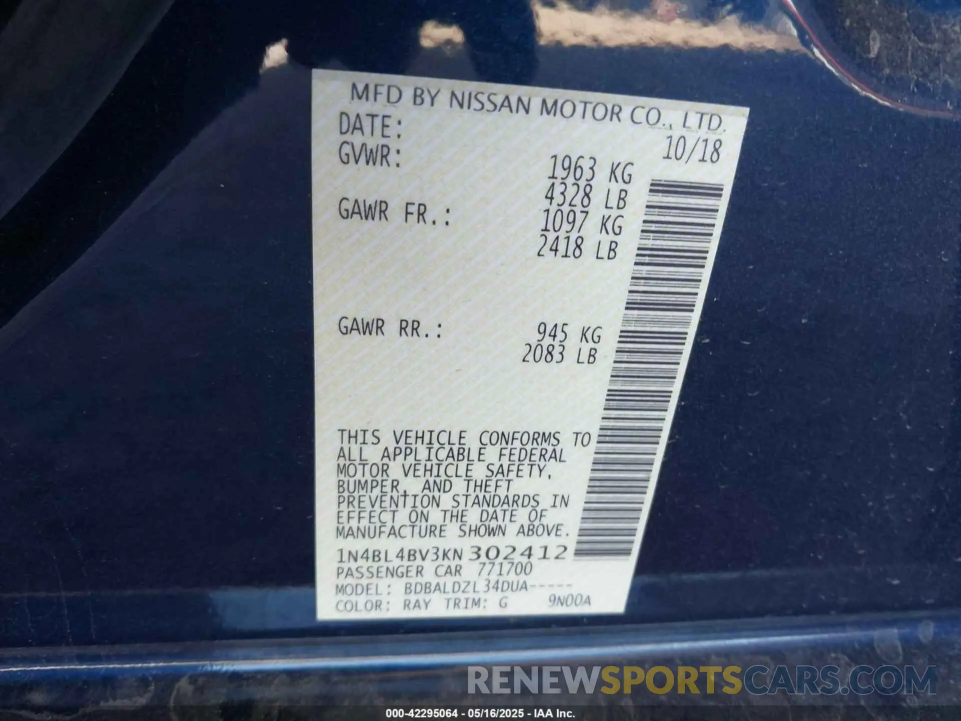 9 Photograph of a damaged car 1N4BL4BV3KN302412 NISSAN ALTIMA 2019