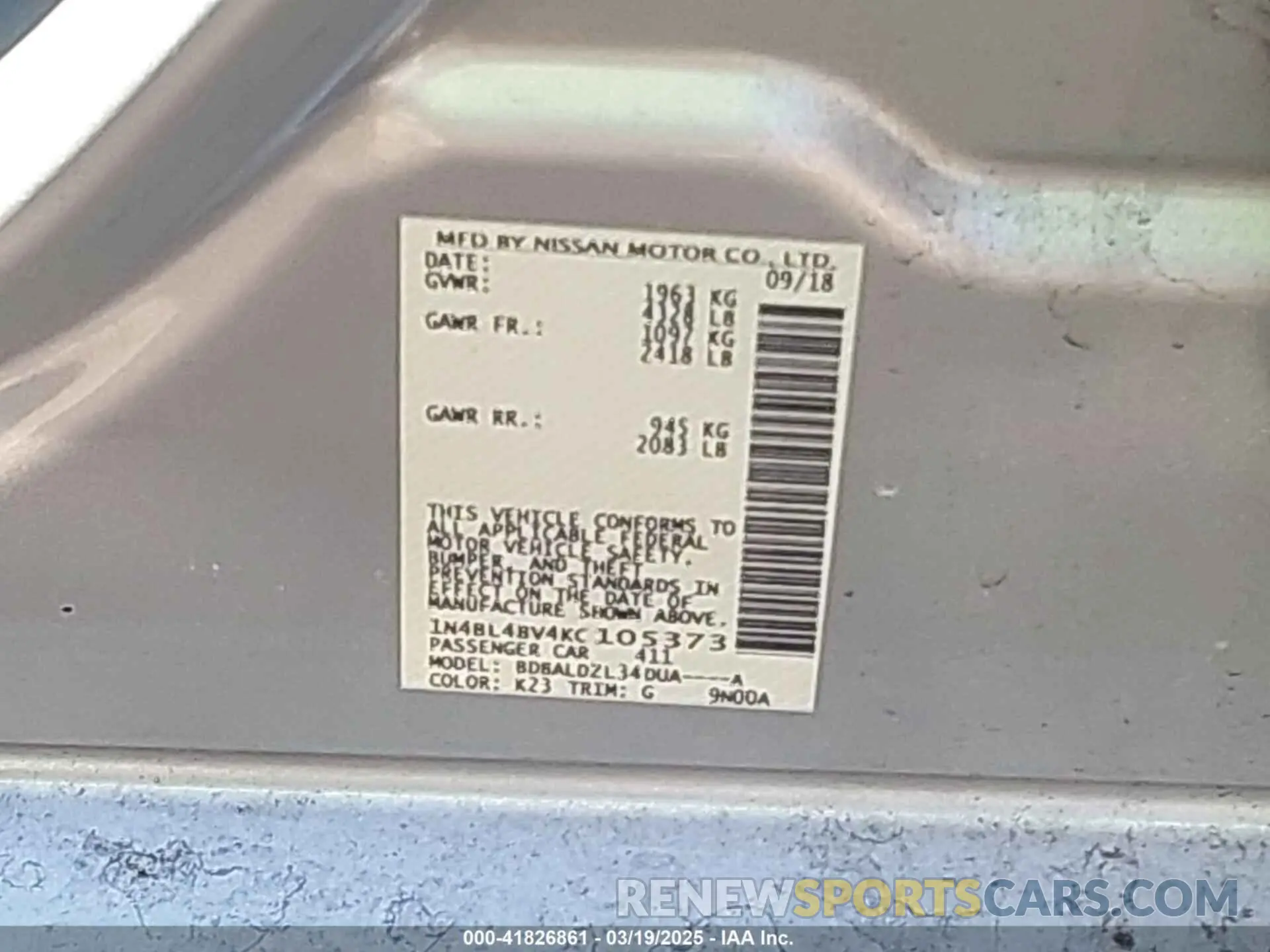 9 Photograph of a damaged car 1N4BL4BV4KC105373 NISSAN ALTIMA 2019