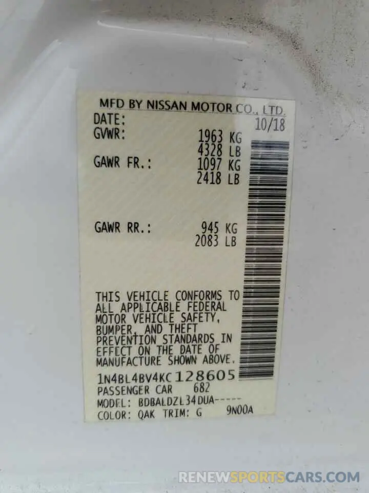 12 Photograph of a damaged car 1N4BL4BV4KC128605 NISSAN ALTIMA 2019
