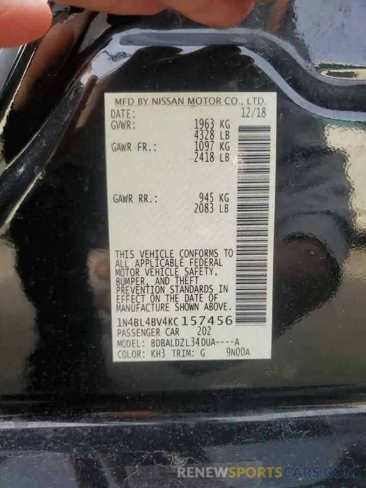 12 Photograph of a damaged car 1N4BL4BV4KC157456 NISSAN ALTIMA 2019