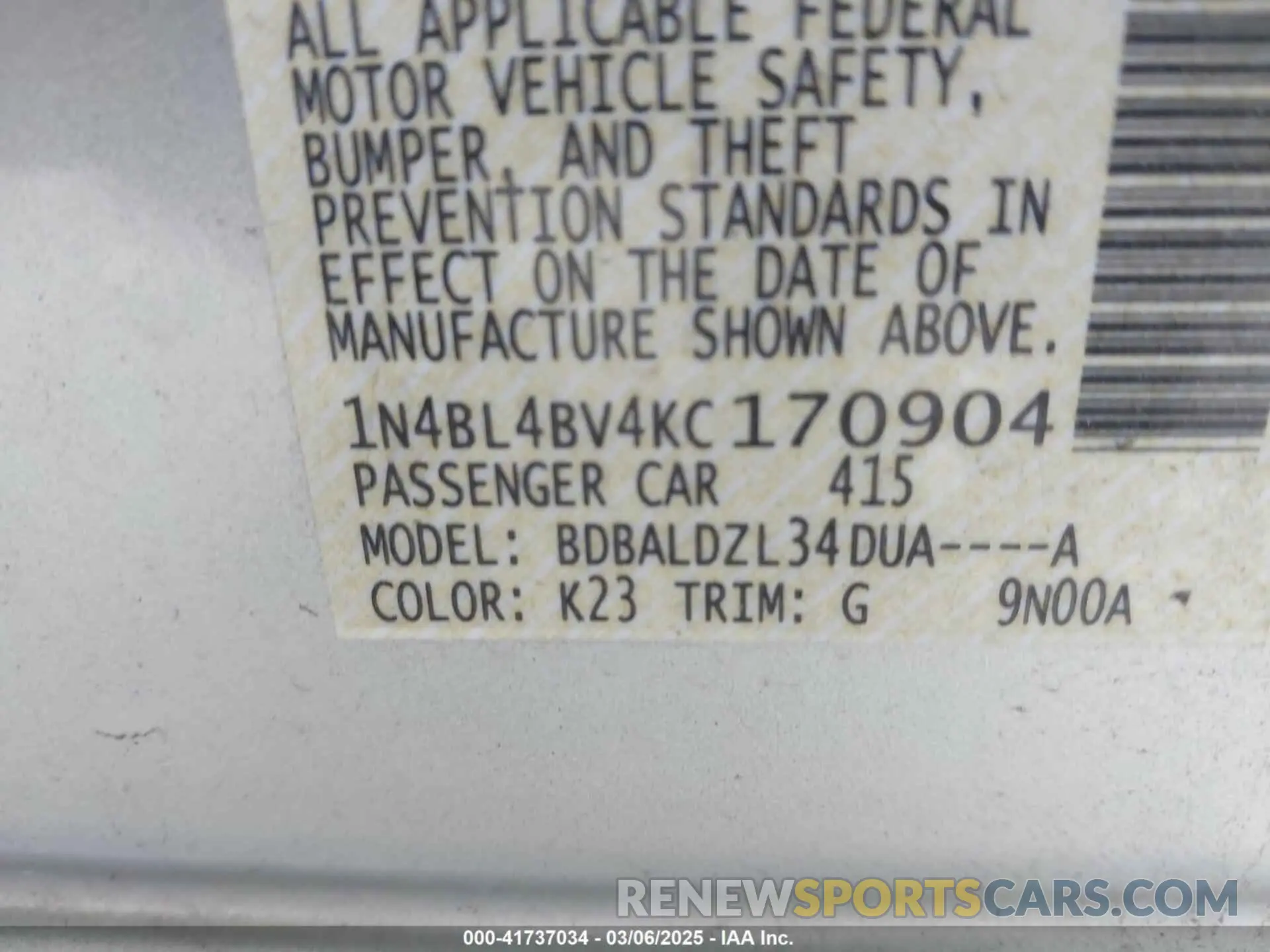 9 Photograph of a damaged car 1N4BL4BV4KC170904 NISSAN ALTIMA 2019