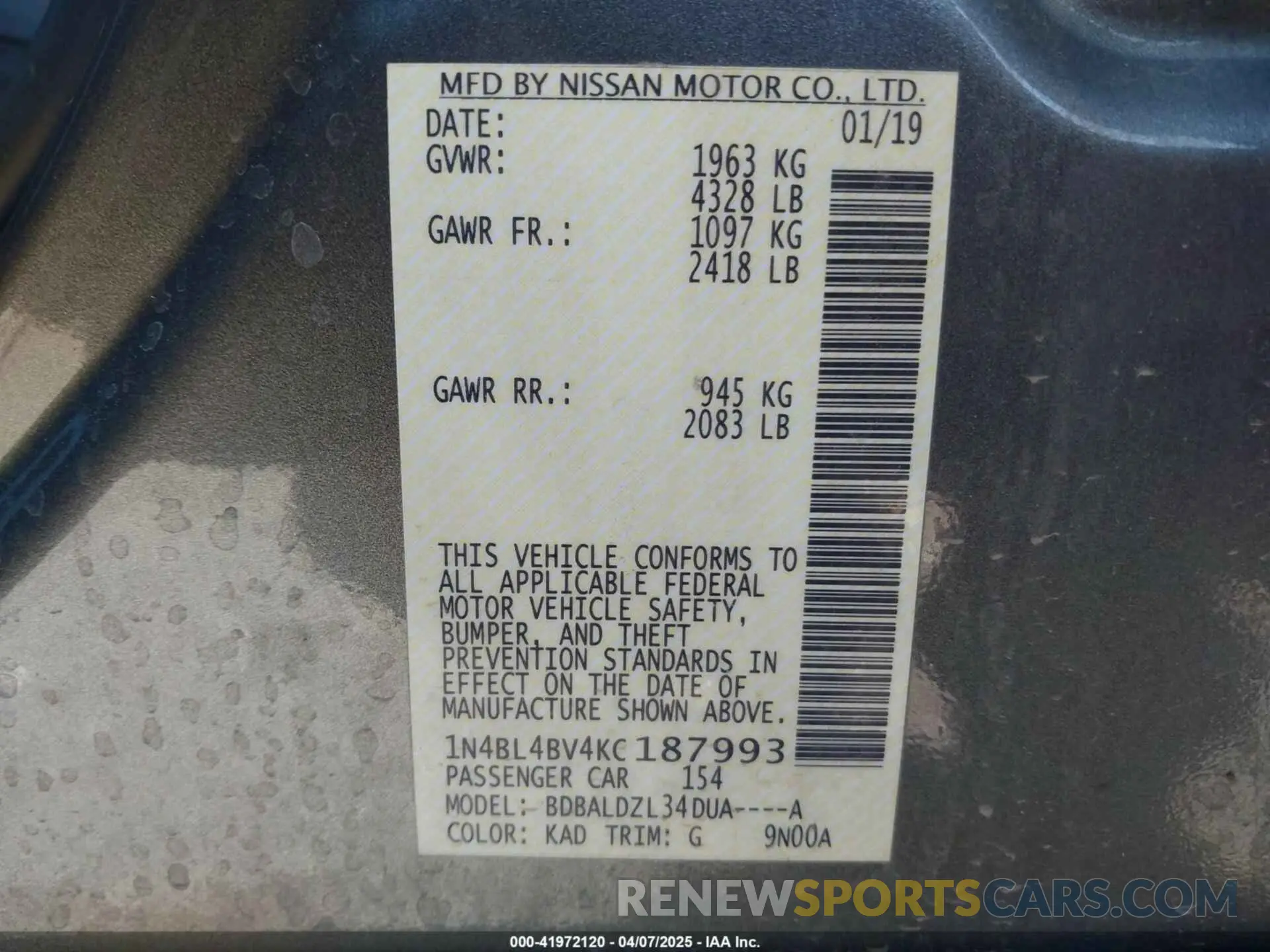 9 Photograph of a damaged car 1N4BL4BV4KC187993 NISSAN ALTIMA 2019