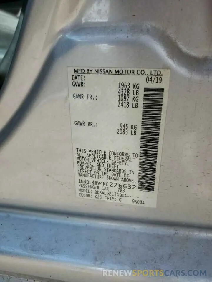 12 Photograph of a damaged car 1N4BL4BV4KC226632 NISSAN ALTIMA 2019