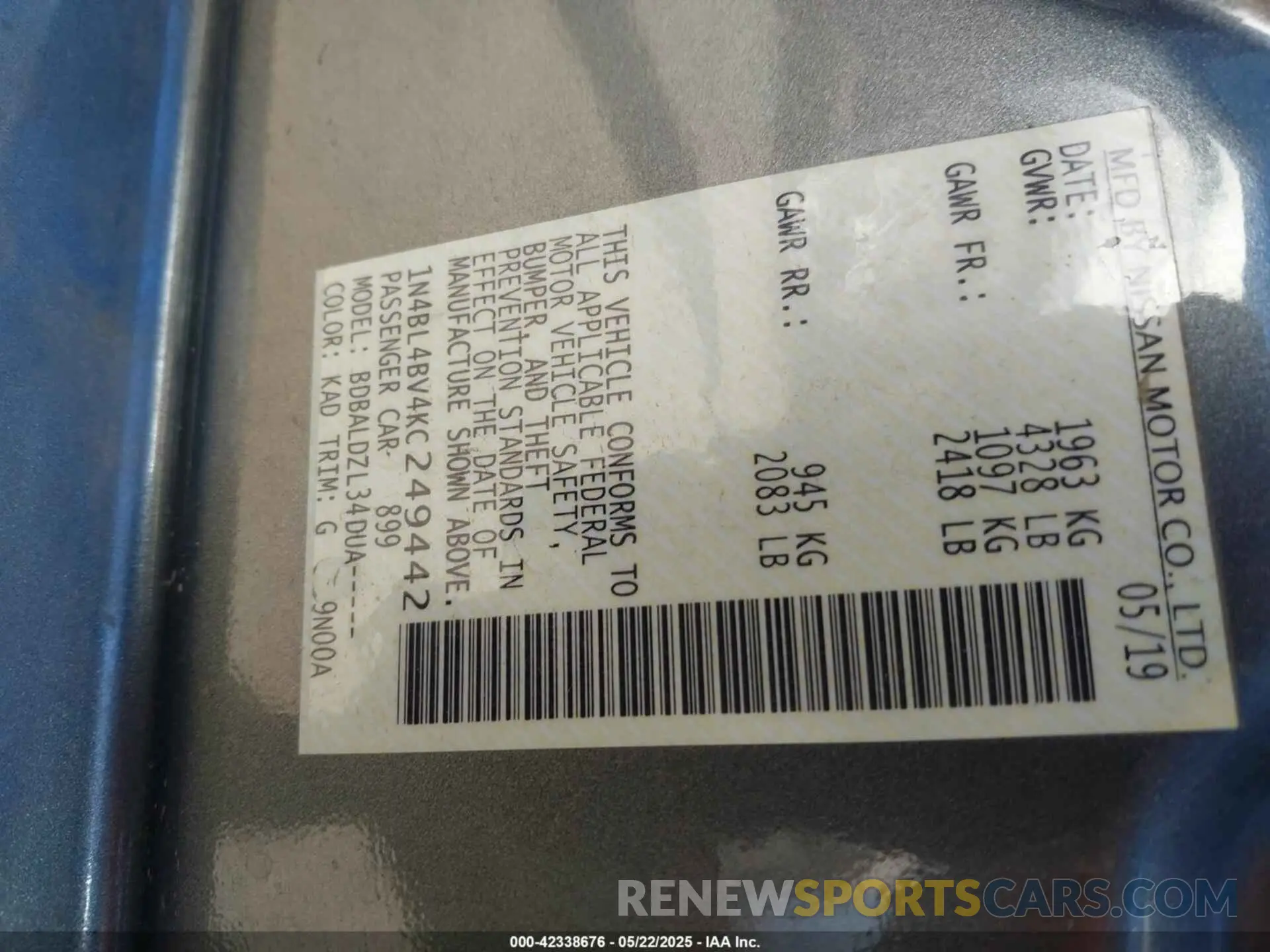 9 Photograph of a damaged car 1N4BL4BV4KC249442 NISSAN ALTIMA 2019