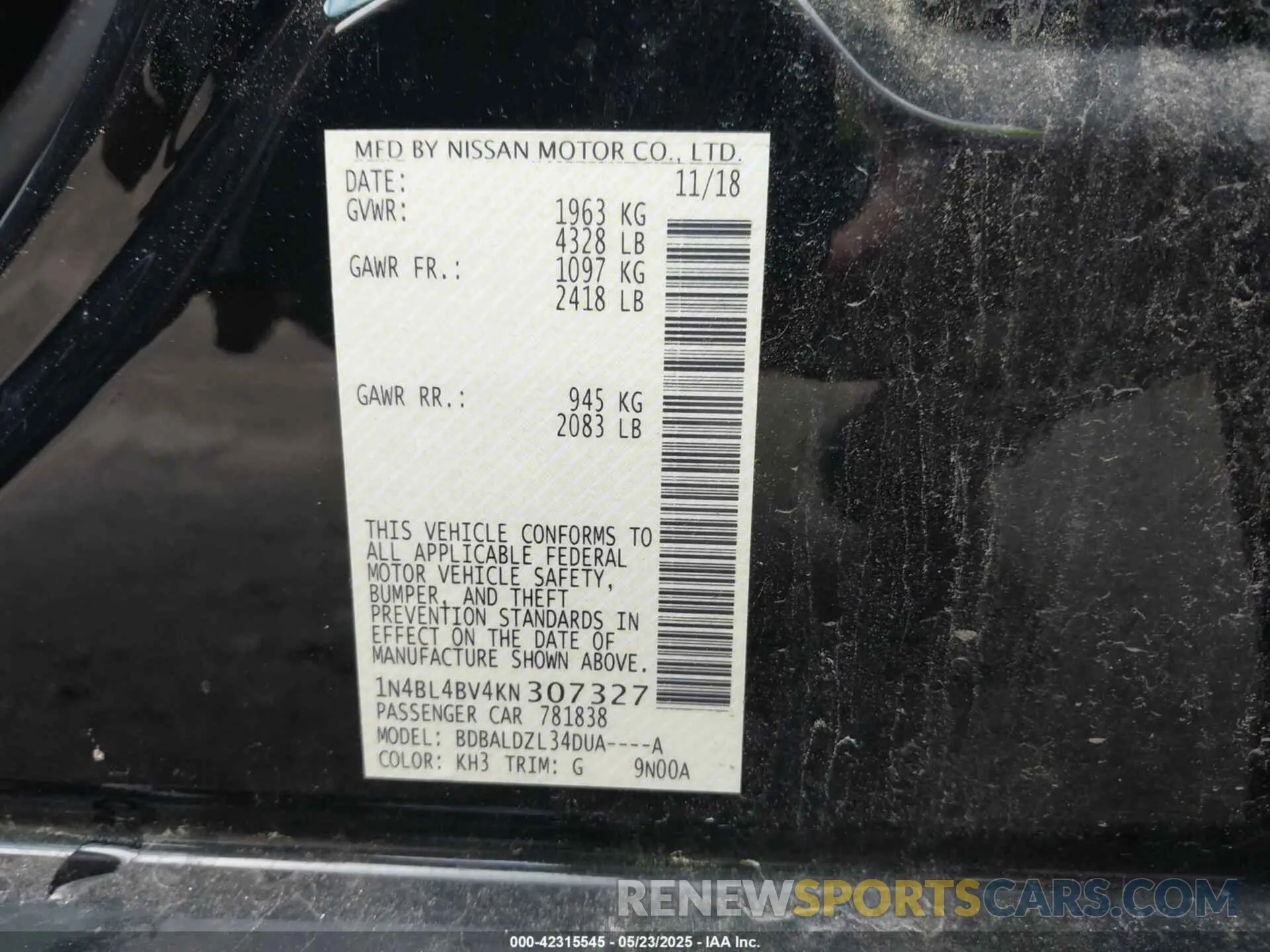 9 Photograph of a damaged car 1N4BL4BV4KN307327 NISSAN ALTIMA 2019