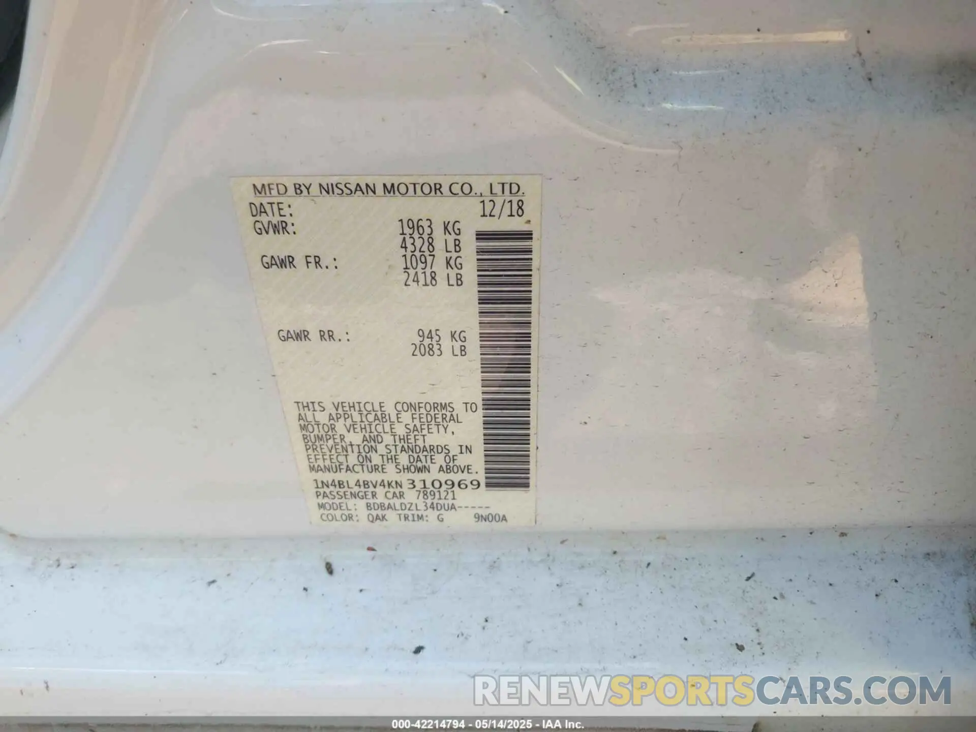 9 Photograph of a damaged car 1N4BL4BV4KN310969 NISSAN ALTIMA 2019