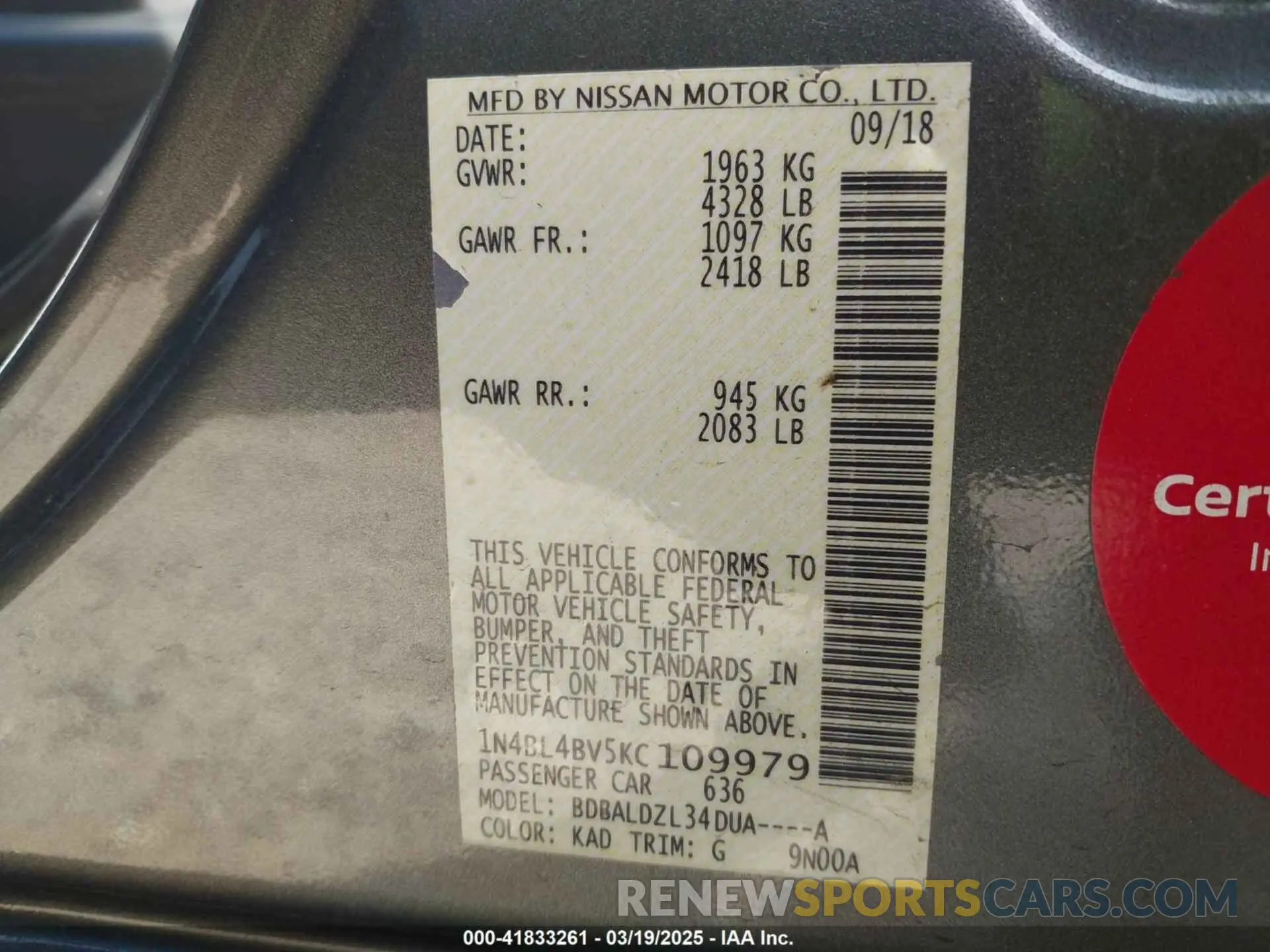 9 Photograph of a damaged car 1N4BL4BV5KC109979 NISSAN ALTIMA 2019