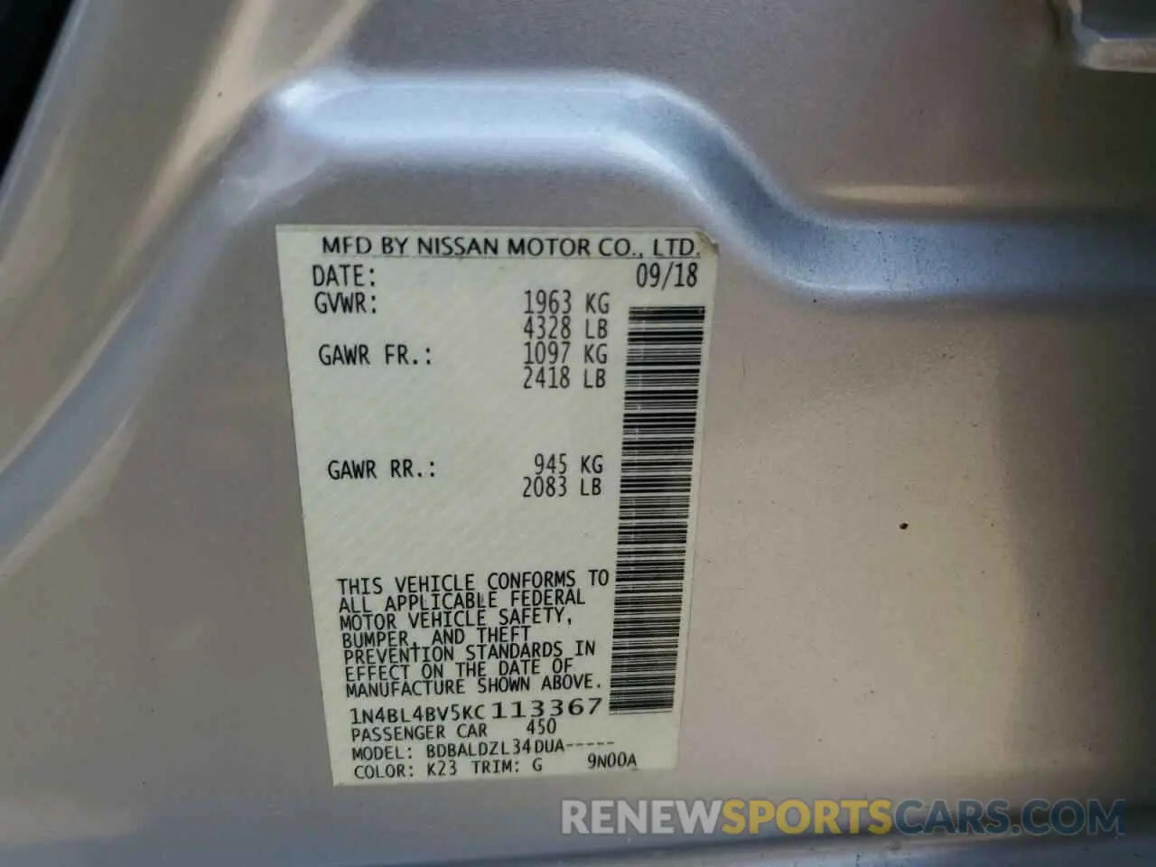 13 Photograph of a damaged car 1N4BL4BV5KC113367 NISSAN ALTIMA 2019