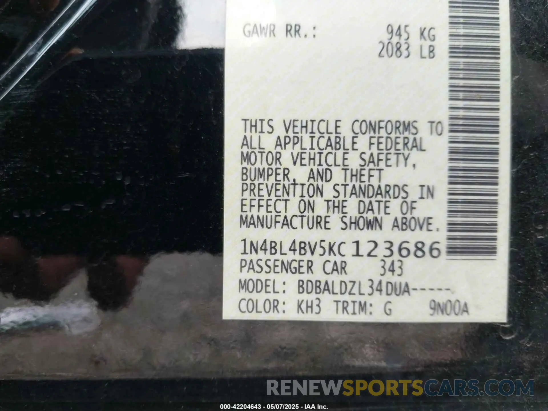 9 Photograph of a damaged car 1N4BL4BV5KC123686 NISSAN ALTIMA 2019