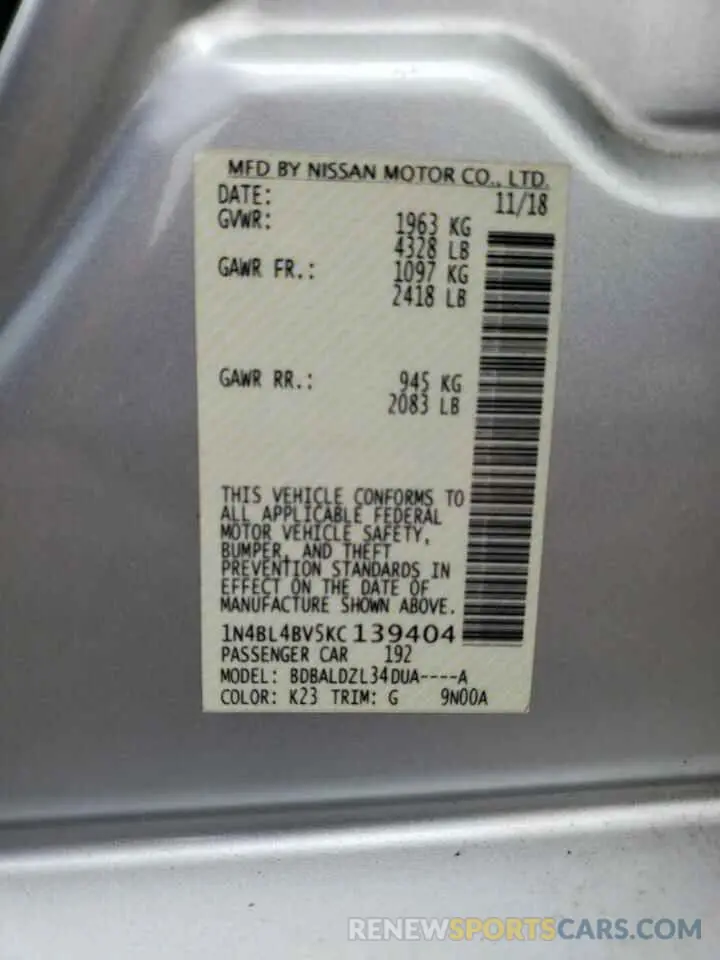 12 Photograph of a damaged car 1N4BL4BV5KC139404 NISSAN ALTIMA 2019