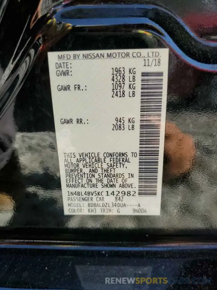 12 Photograph of a damaged car 1N4BL4BV5KC142982 NISSAN ALTIMA 2019