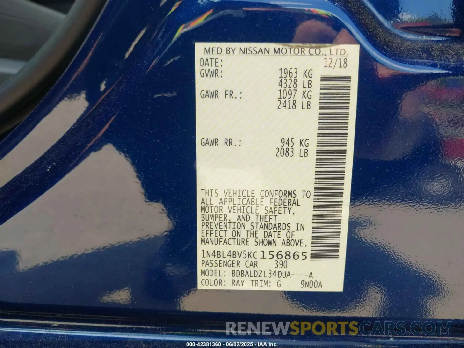9 Photograph of a damaged car 1N4BL4BV5KC156865 NISSAN ALTIMA 2019
