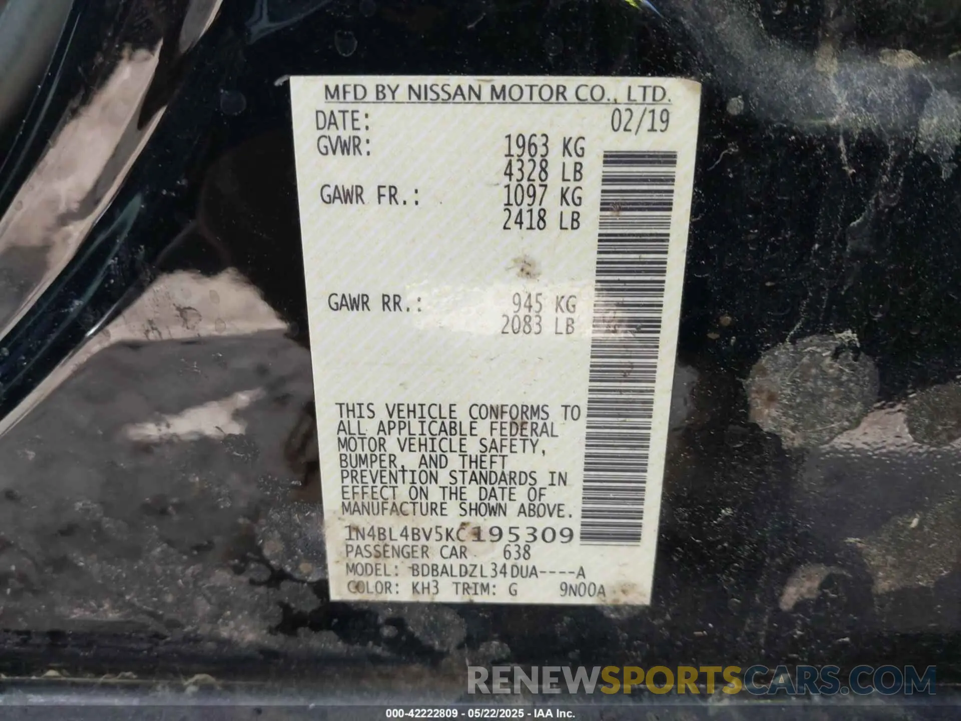 9 Photograph of a damaged car 1N4BL4BV5KC195309 NISSAN ALTIMA 2019