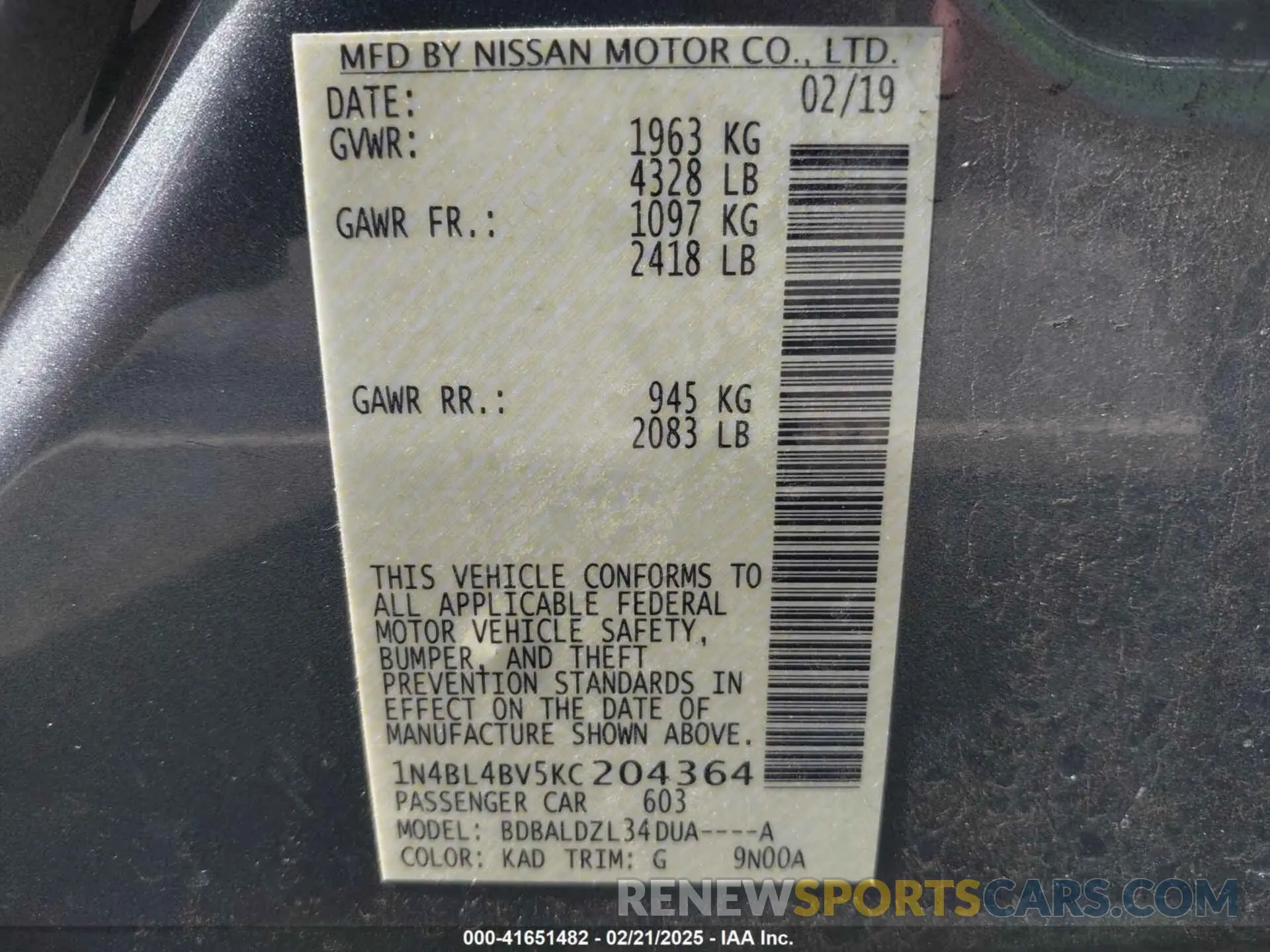 9 Photograph of a damaged car 1N4BL4BV5KC204364 NISSAN ALTIMA 2019
