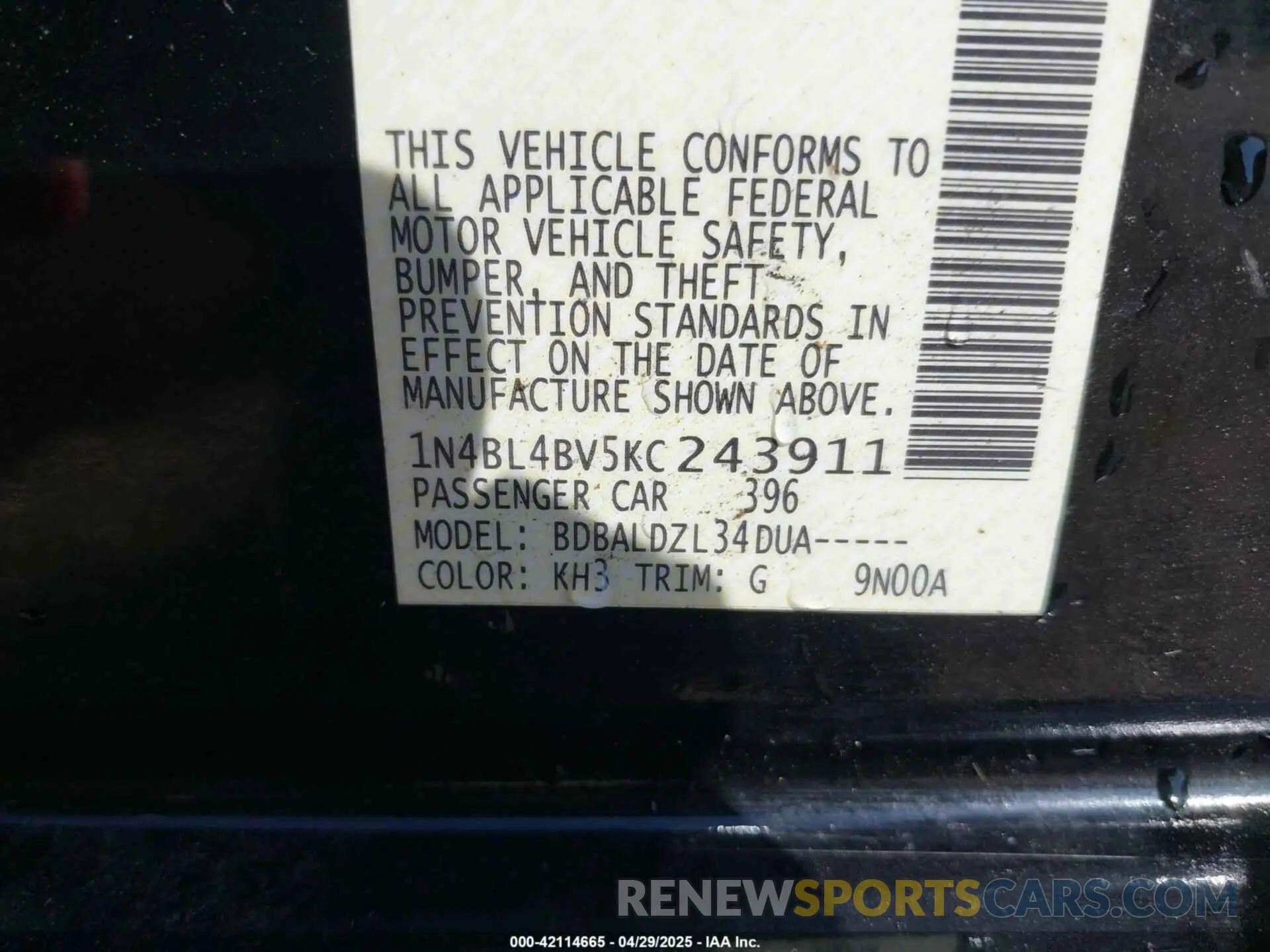 9 Photograph of a damaged car 1N4BL4BV5KC243911 NISSAN ALTIMA 2019