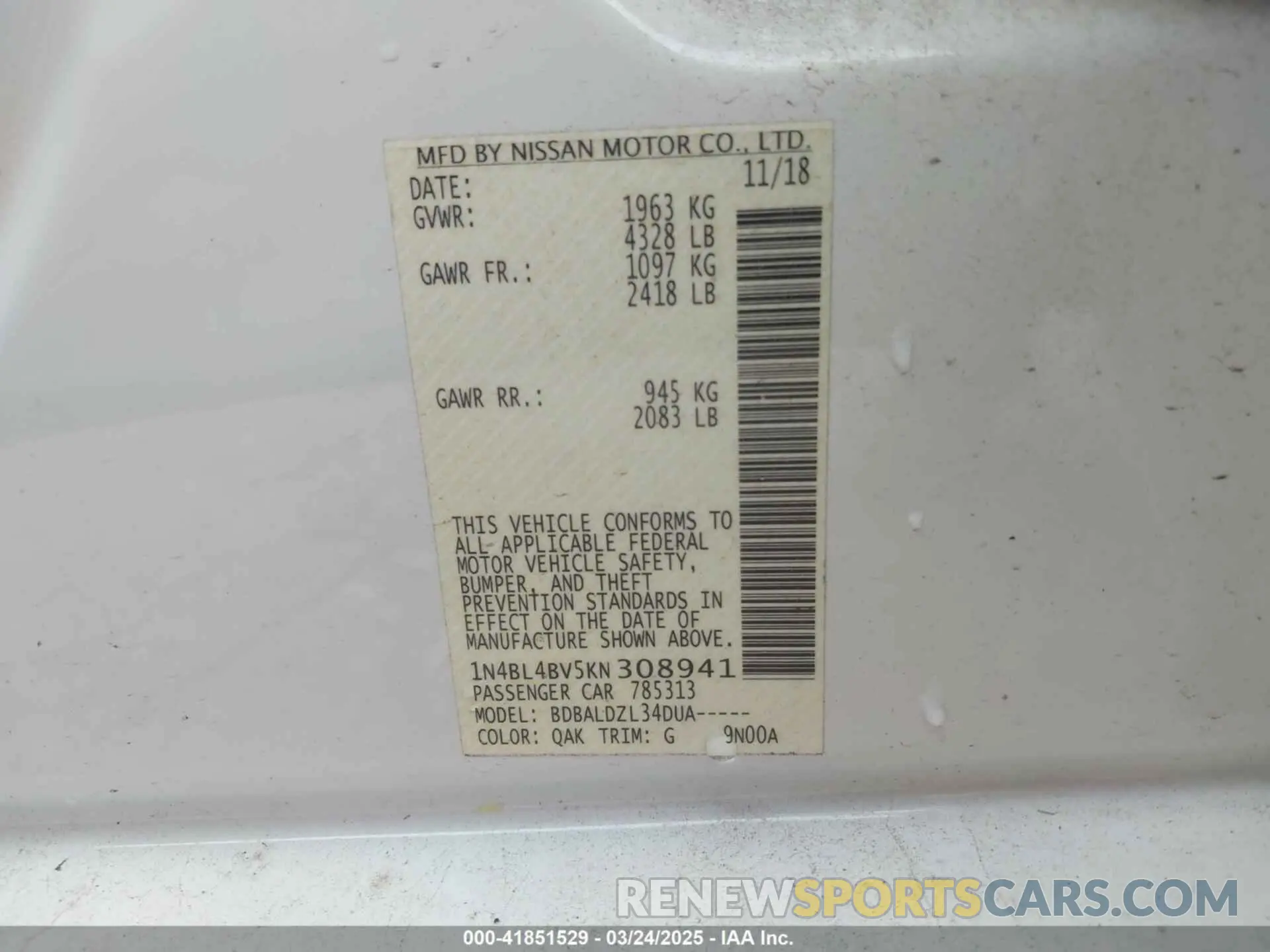9 Photograph of a damaged car 1N4BL4BV5KN308941 NISSAN ALTIMA 2019