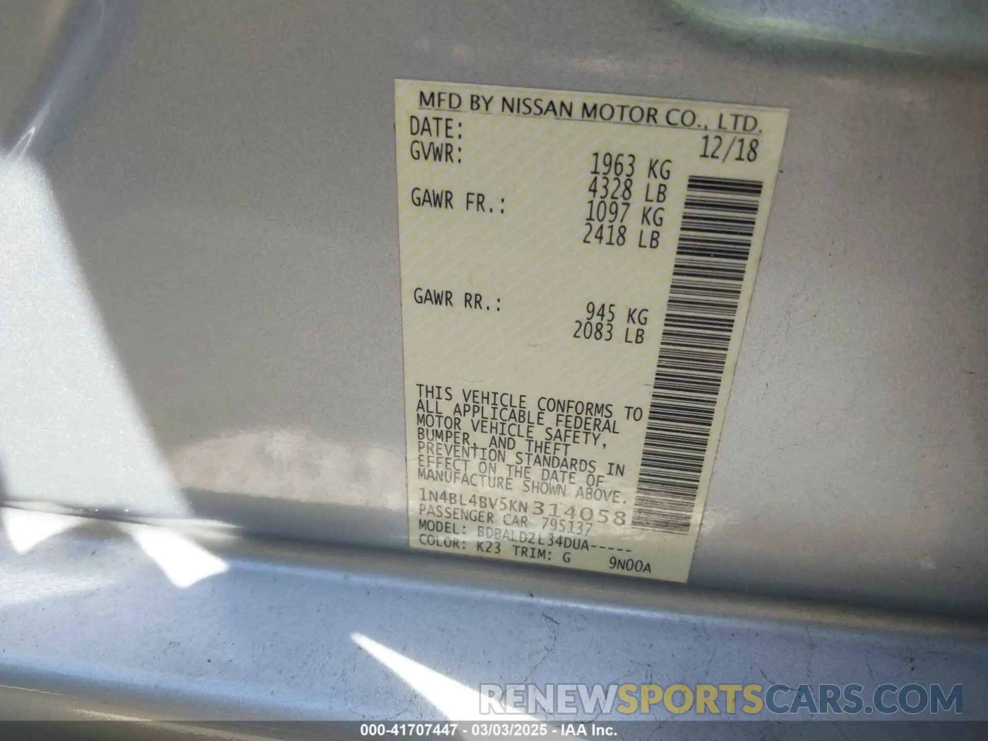 9 Photograph of a damaged car 1N4BL4BV5KN314058 NISSAN ALTIMA 2019