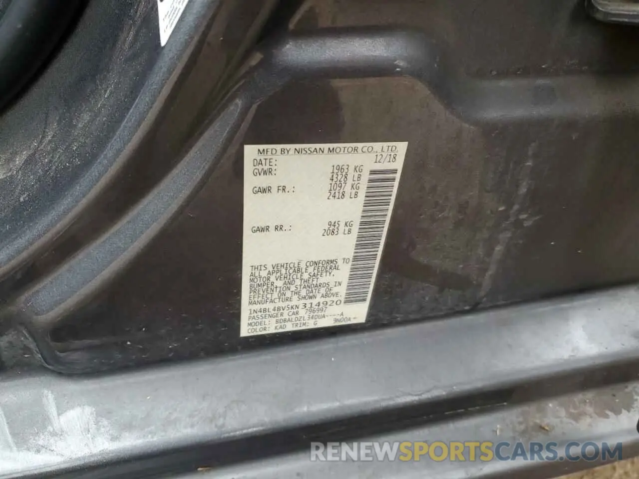 14 Photograph of a damaged car 1N4BL4BV5KN314920 NISSAN ALTIMA 2019