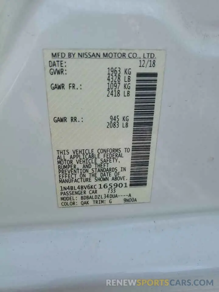 12 Photograph of a damaged car 1N4BL4BV6KC165901 NISSAN ALTIMA 2019