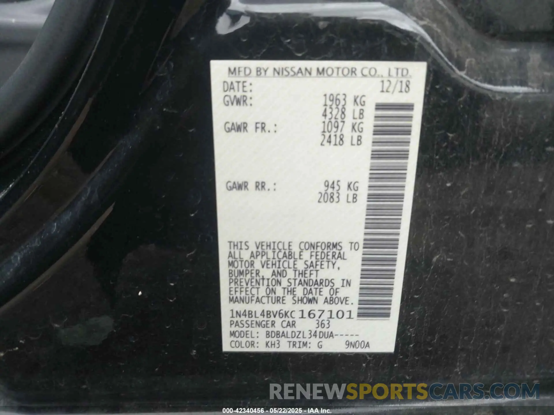9 Photograph of a damaged car 1N4BL4BV6KC167101 NISSAN ALTIMA 2019