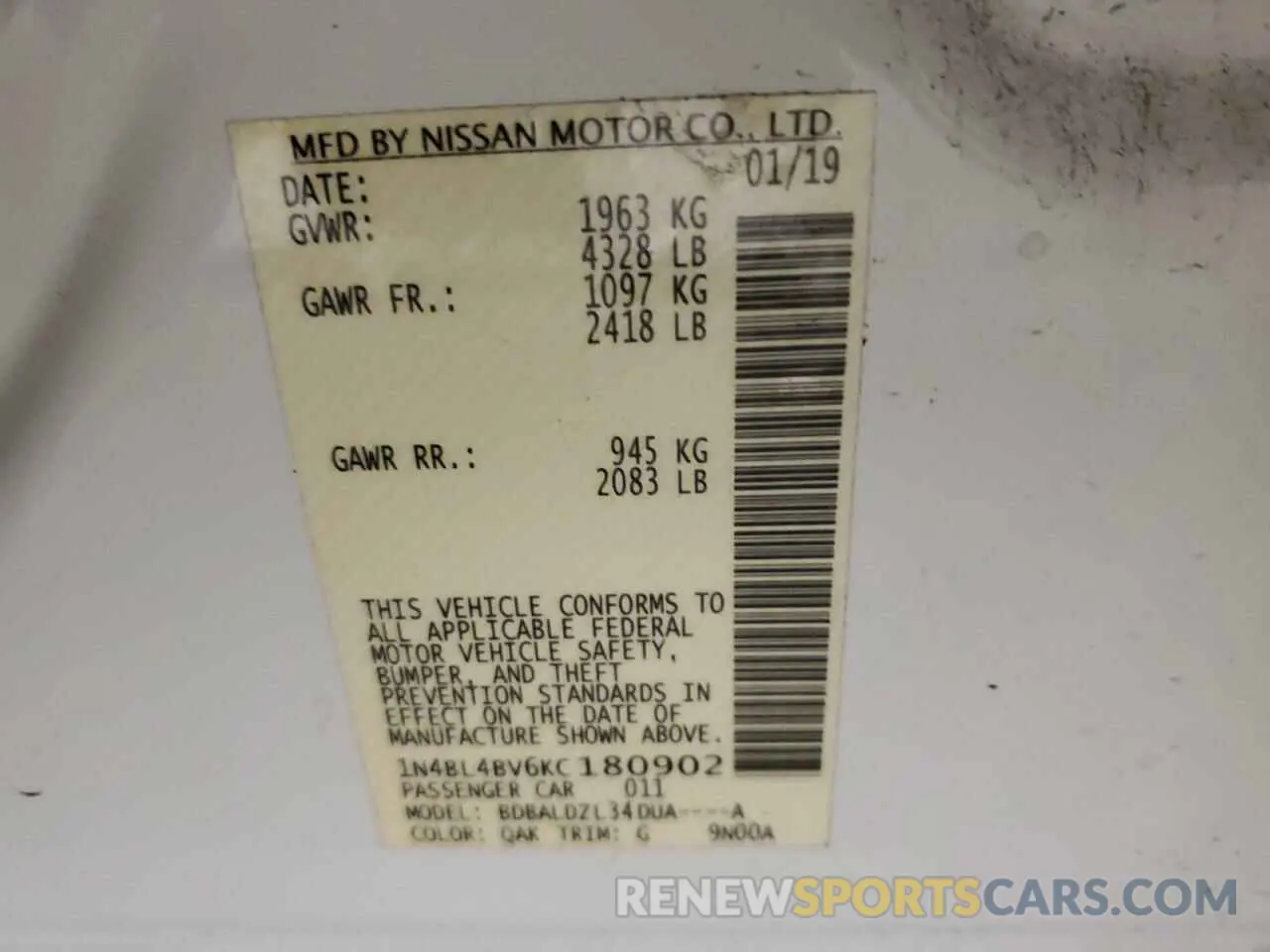 14 Photograph of a damaged car 1N4BL4BV6KC180902 NISSAN ALTIMA 2019