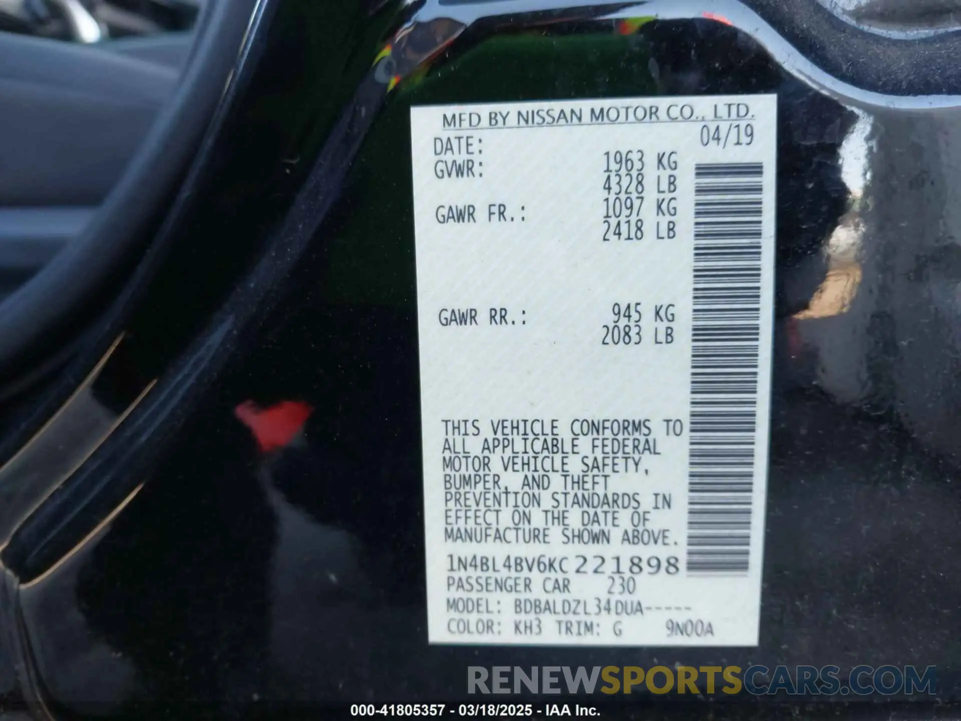 9 Photograph of a damaged car 1N4BL4BV6KC221898 NISSAN ALTIMA 2019
