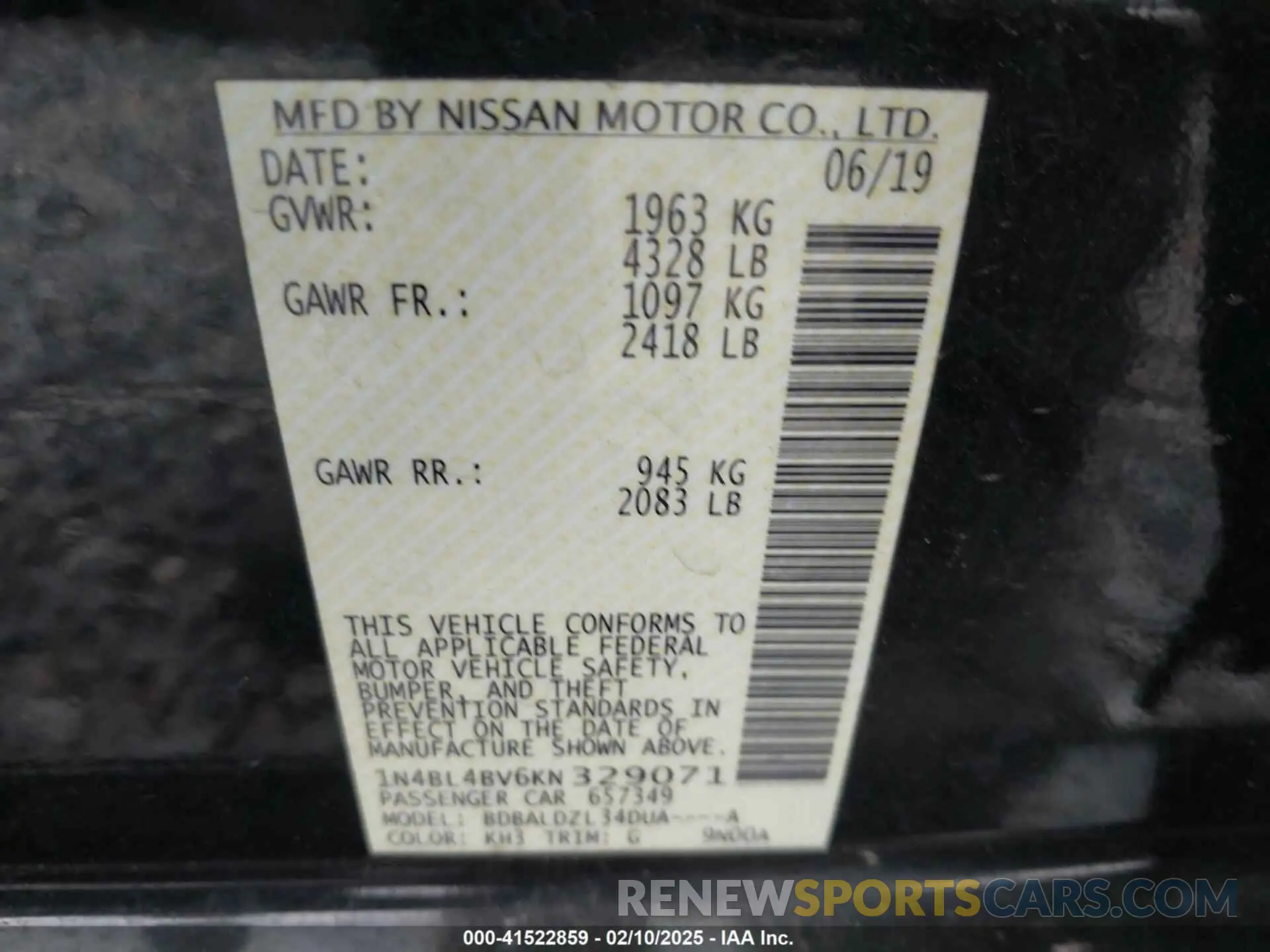 9 Photograph of a damaged car 1N4BL4BV6KN329071 NISSAN ALTIMA 2019