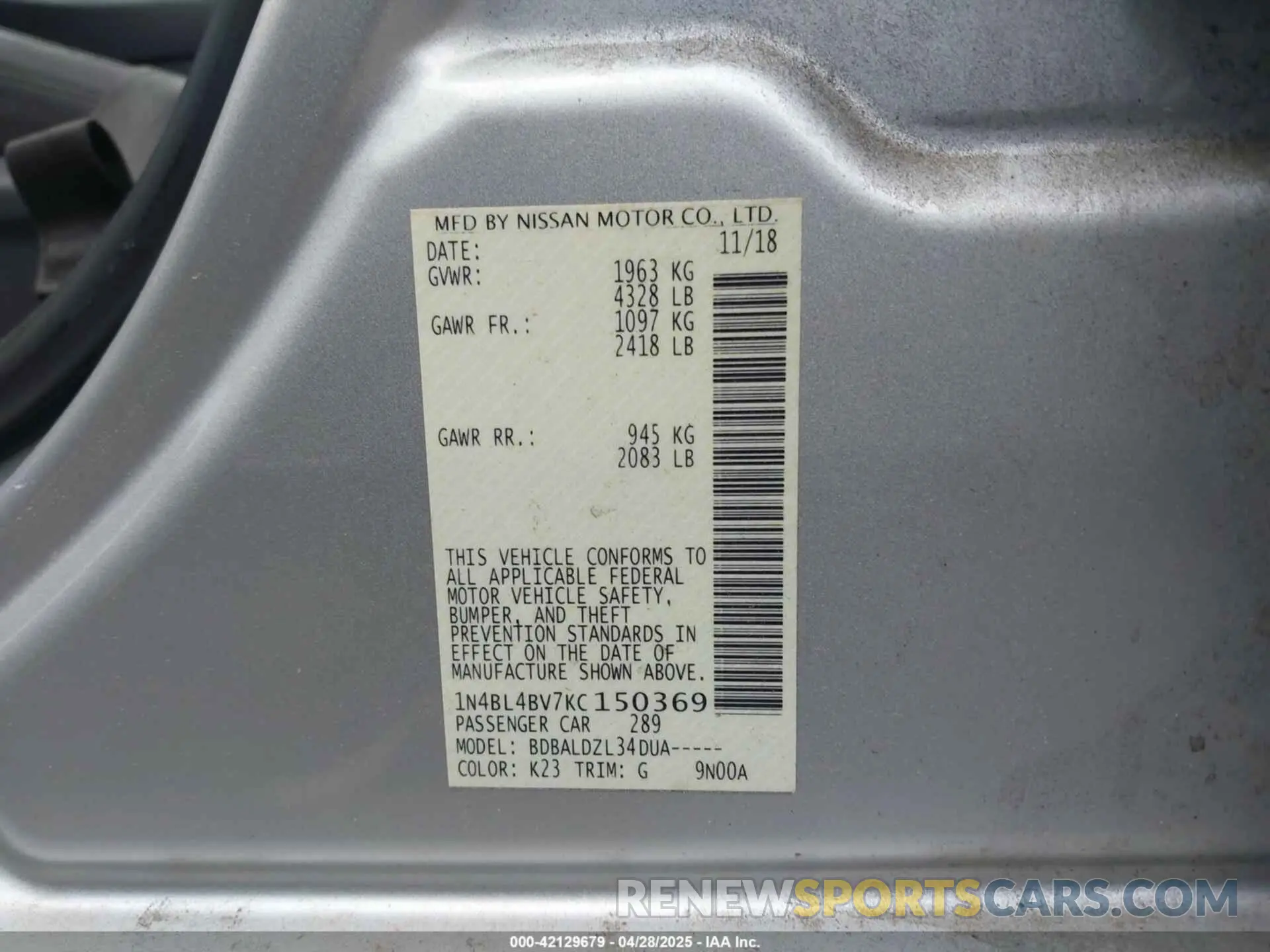 9 Photograph of a damaged car 1N4BL4BV7KC150369 NISSAN ALTIMA 2019