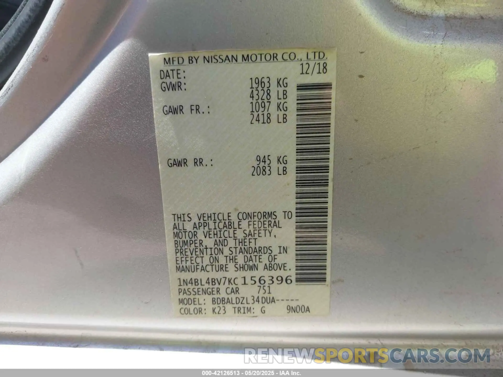 9 Photograph of a damaged car 1N4BL4BV7KC156396 NISSAN ALTIMA 2019