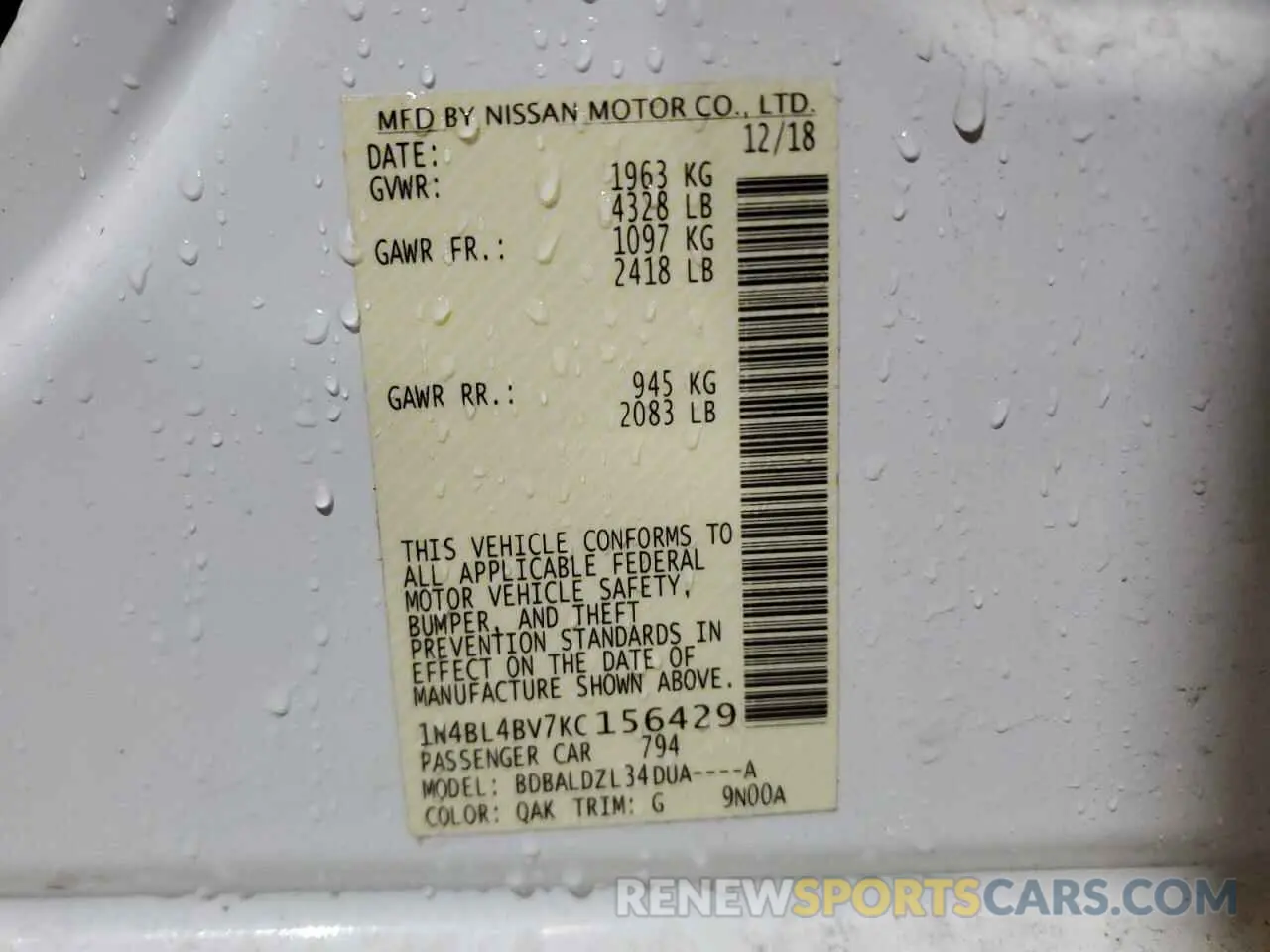 12 Photograph of a damaged car 1N4BL4BV7KC156429 NISSAN ALTIMA 2019
