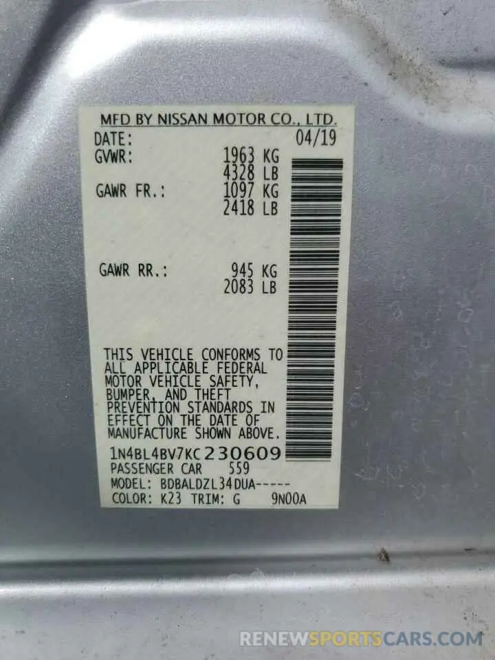 12 Photograph of a damaged car 1N4BL4BV7KC230609 NISSAN ALTIMA 2019