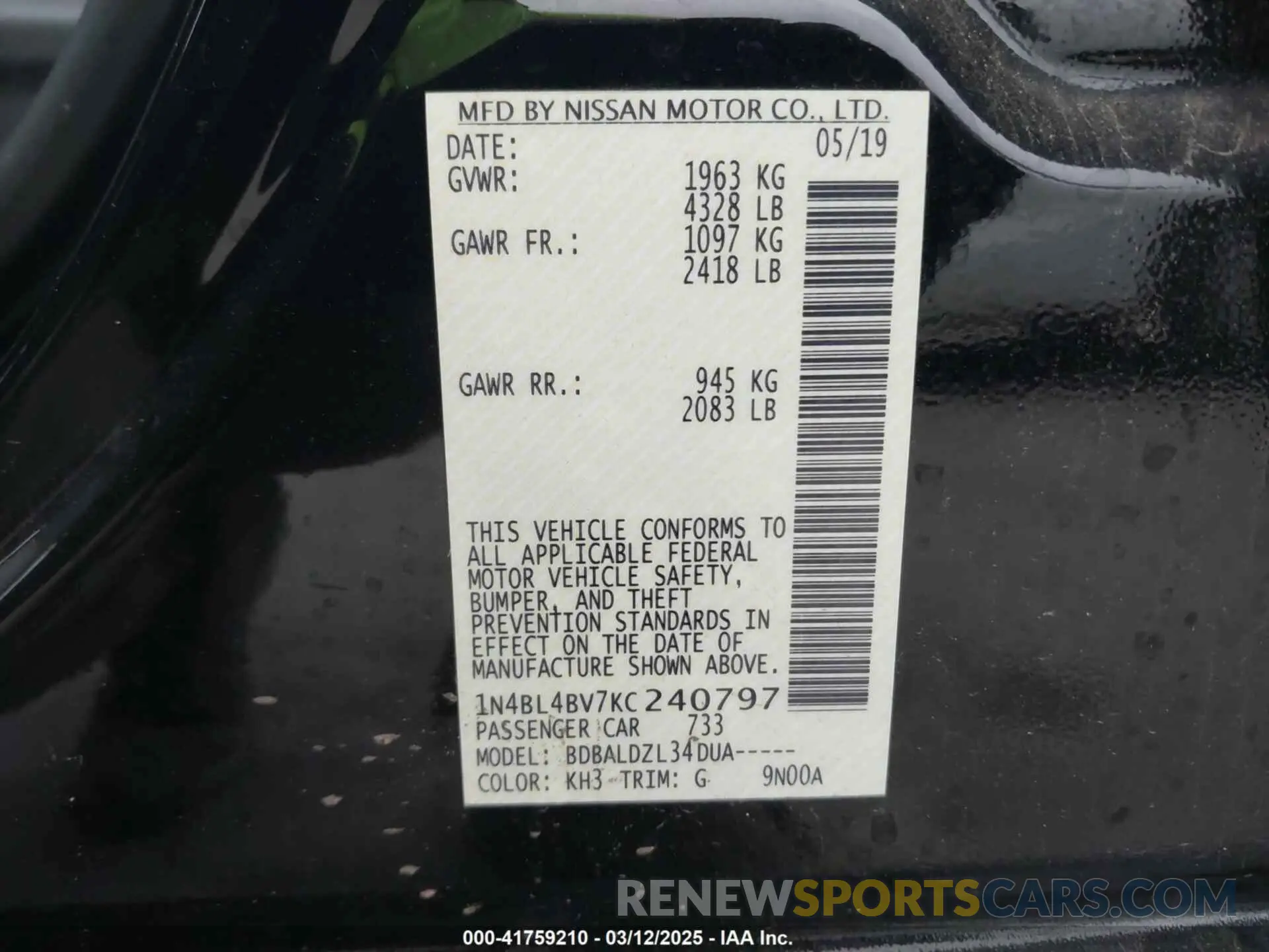 9 Photograph of a damaged car 1N4BL4BV7KC240797 NISSAN ALTIMA 2019