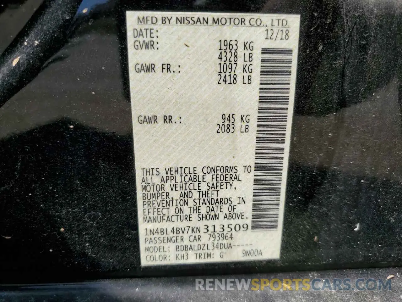 12 Photograph of a damaged car 1N4BL4BV7KN313509 NISSAN ALTIMA 2019