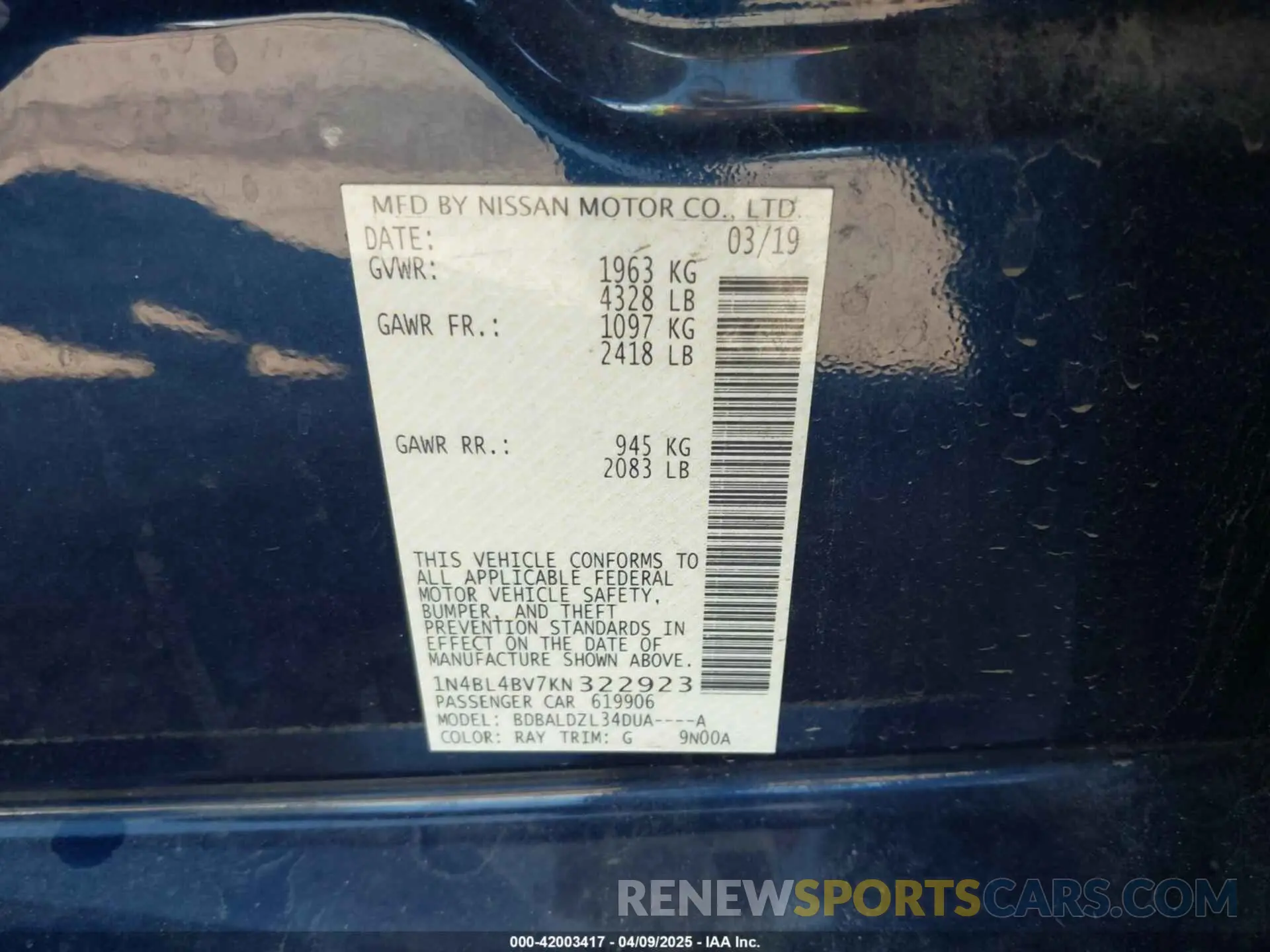 9 Photograph of a damaged car 1N4BL4BV7KN322923 NISSAN ALTIMA 2019