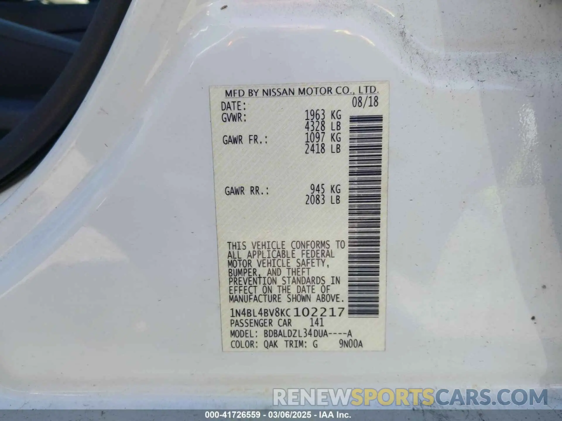 9 Photograph of a damaged car 1N4BL4BV8KC102217 NISSAN ALTIMA 2019