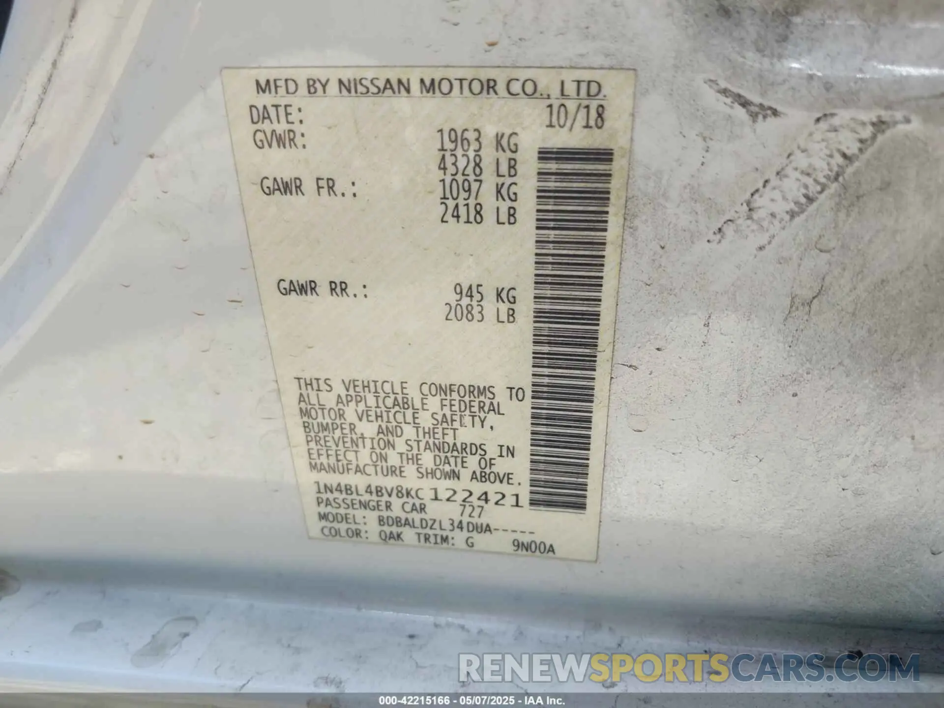 9 Photograph of a damaged car 1N4BL4BV8KC122421 NISSAN ALTIMA 2019
