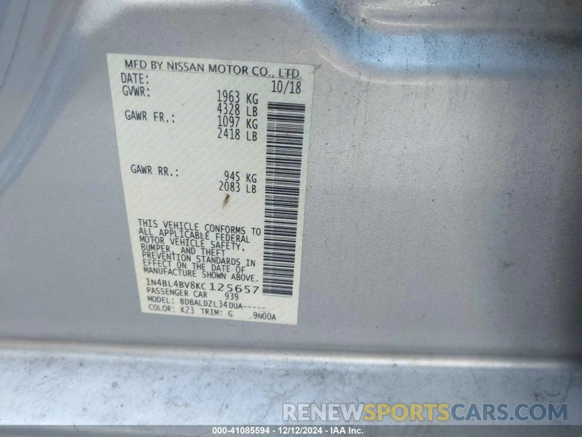 9 Photograph of a damaged car 1N4BL4BV8KC125657 NISSAN ALTIMA 2019