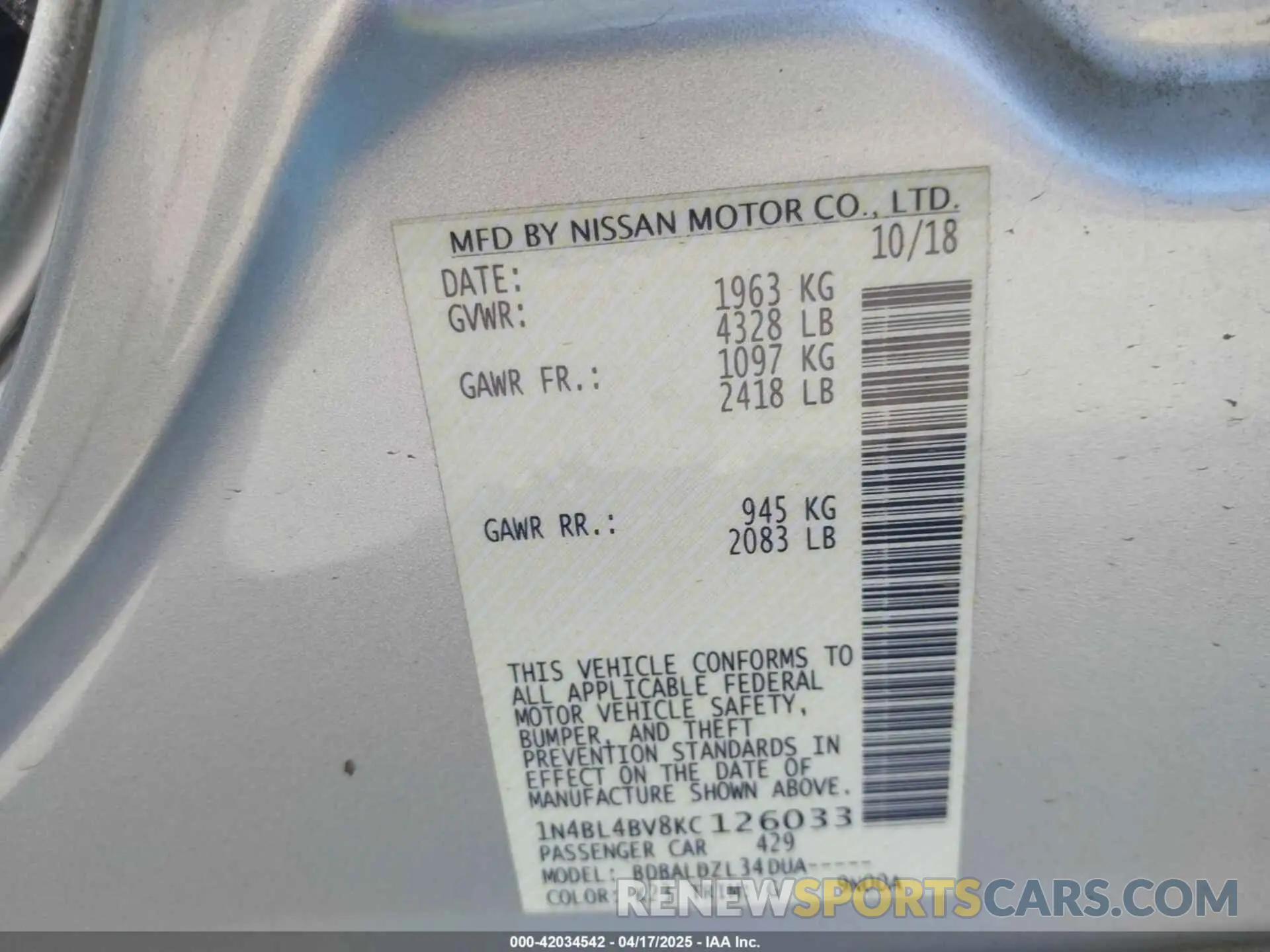 9 Photograph of a damaged car 1N4BL4BV8KC126033 NISSAN ALTIMA 2019