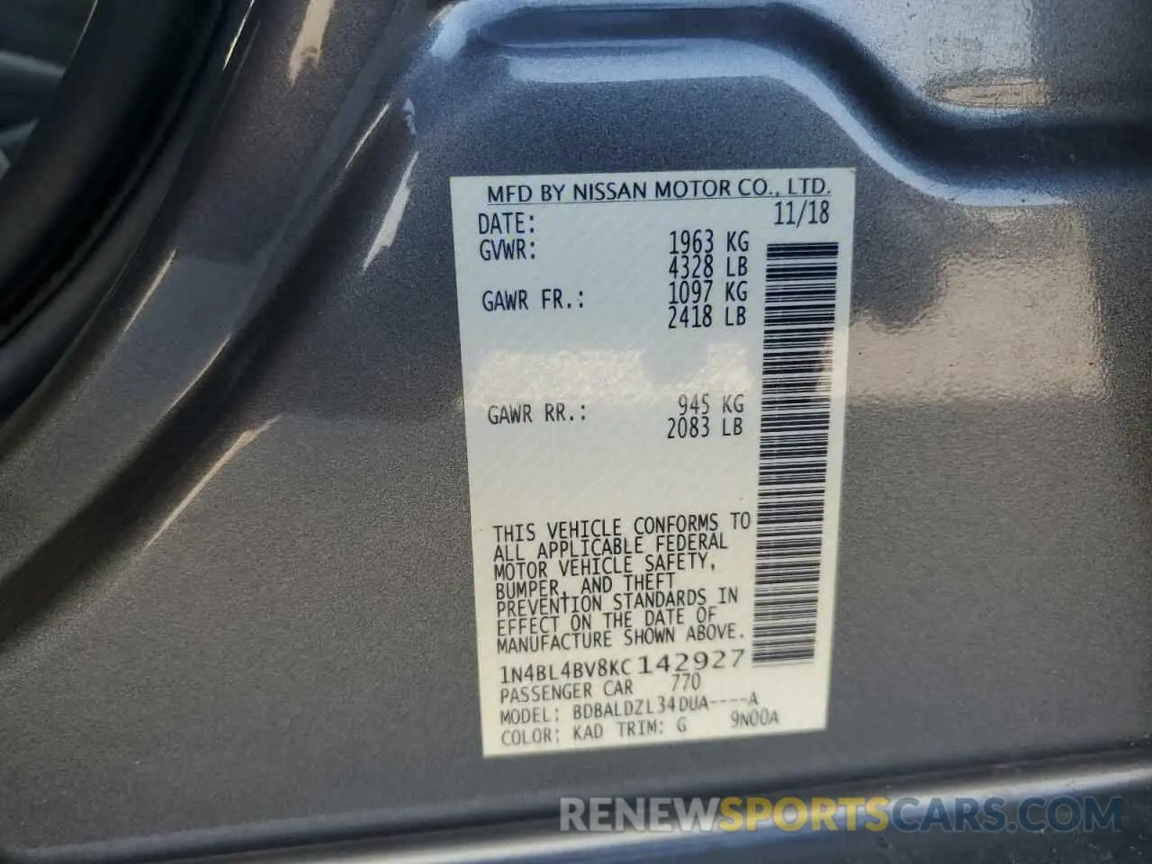 12 Photograph of a damaged car 1N4BL4BV8KC142927 NISSAN ALTIMA 2019