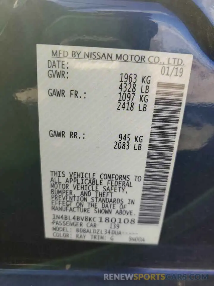 12 Photograph of a damaged car 1N4BL4BV8KC180108 NISSAN ALTIMA 2019