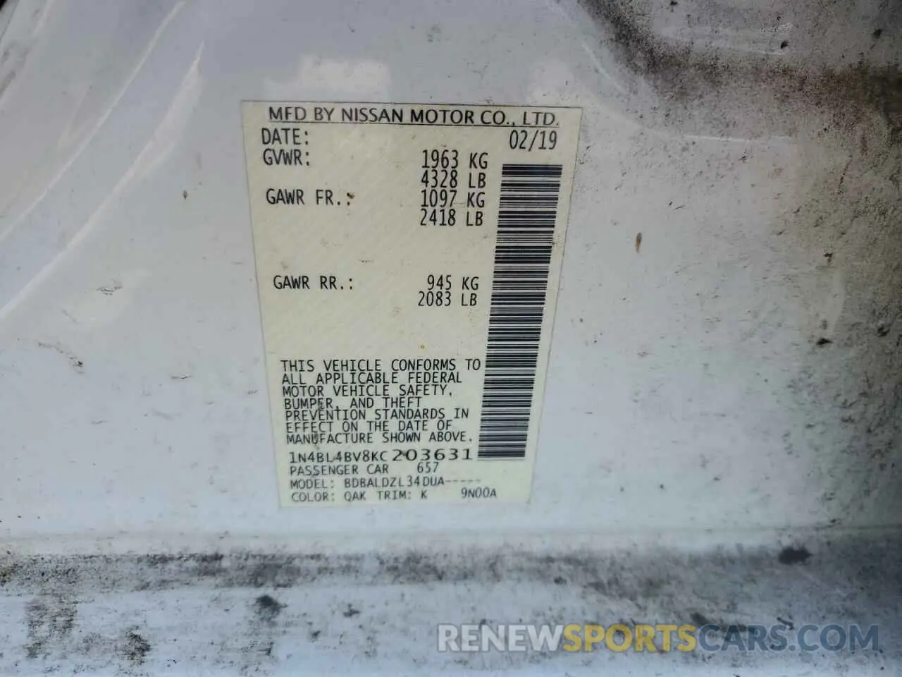 12 Photograph of a damaged car 1N4BL4BV8KC203631 NISSAN ALTIMA 2019